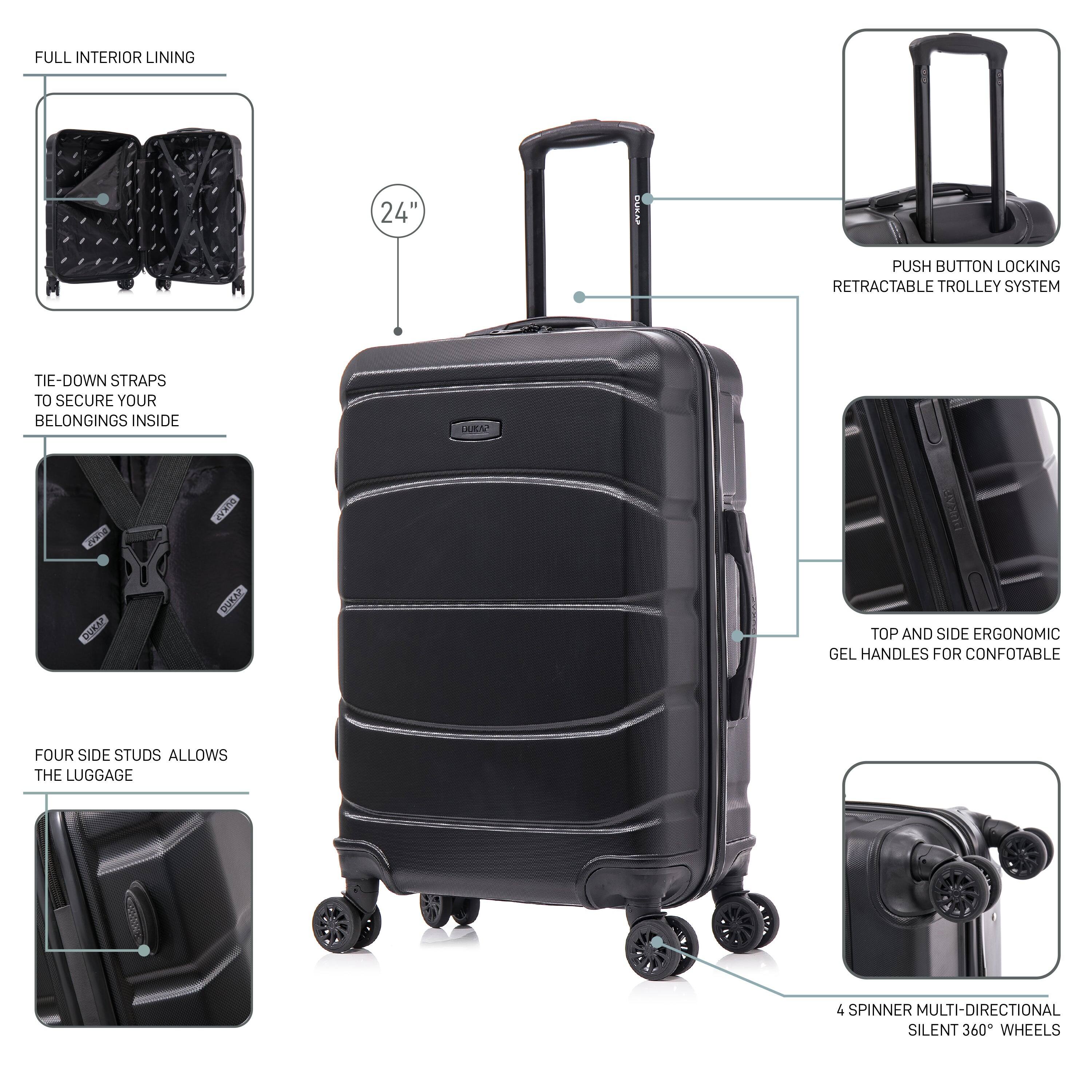 - Full Interior Lining
- 24" Curved Push Button Locking Retractable Trolley System
- Tie-Down Straps to Secure Your Belongings Inside
- Four Side Studs Allows the Luggage
- Top and Side Ergonomic Gel Handles for Comfortable Use
- 4 Spinner Multi-Directional Silent 360° Wheels