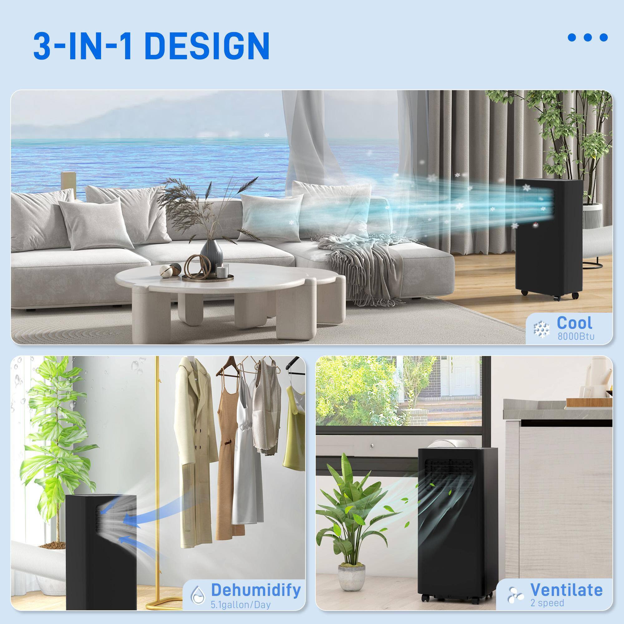 3-IN-1 DESIGN

Cool  
8000Btu

Dehumidify  
5.1gallon/Day

Ventilate  
2 speed