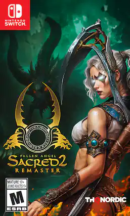 A Nintendo Switch game cover for "Fallen Angel Sacred 2 Remaster" with a rating of M (Mature 17+) and "Jeunes Adultes 17+" by ESRB. The game is developed by THQ Nordic. - M (Mature 17+)