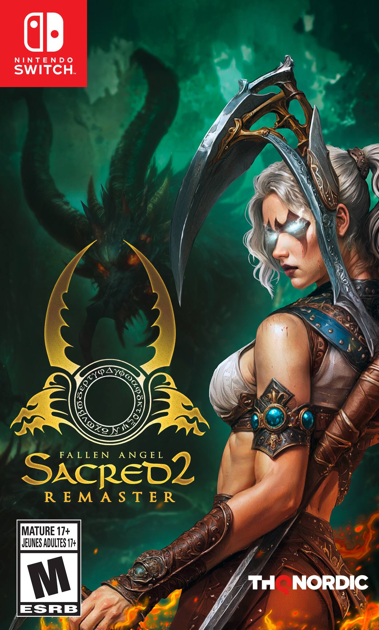 A Nintendo Switch game cover for "Fallen Angel Sacred 2 Remaster" with a rating of M (Mature 17+) and "Jeunes Adultes 17+" by ESRB. The game is developed by THQ Nordic.