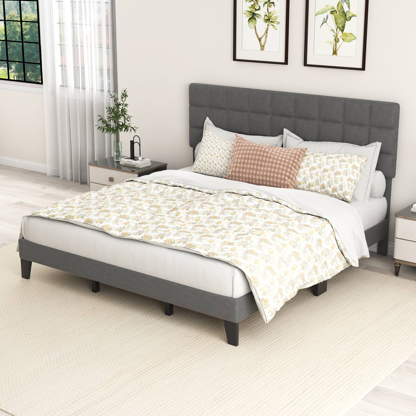 Alt View 4. LUCKY ONE - King Assembled Linen Bed Frame with Adjustable Headboard Platform Bed Wooden Slats - Gray-King.