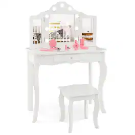 Costway - Kid Vanity Table Stool Set Tri-Folding Mirror Adjustable 3-Color LED Light - White