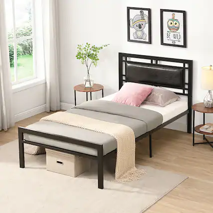 Front. LUCKY ONE - Twin Size Metal Bed Frame with Headboard - Black.