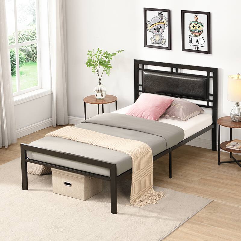 Front. LUCKY ONE - Twin Size Metal Bed Frame with Headboard - Black.