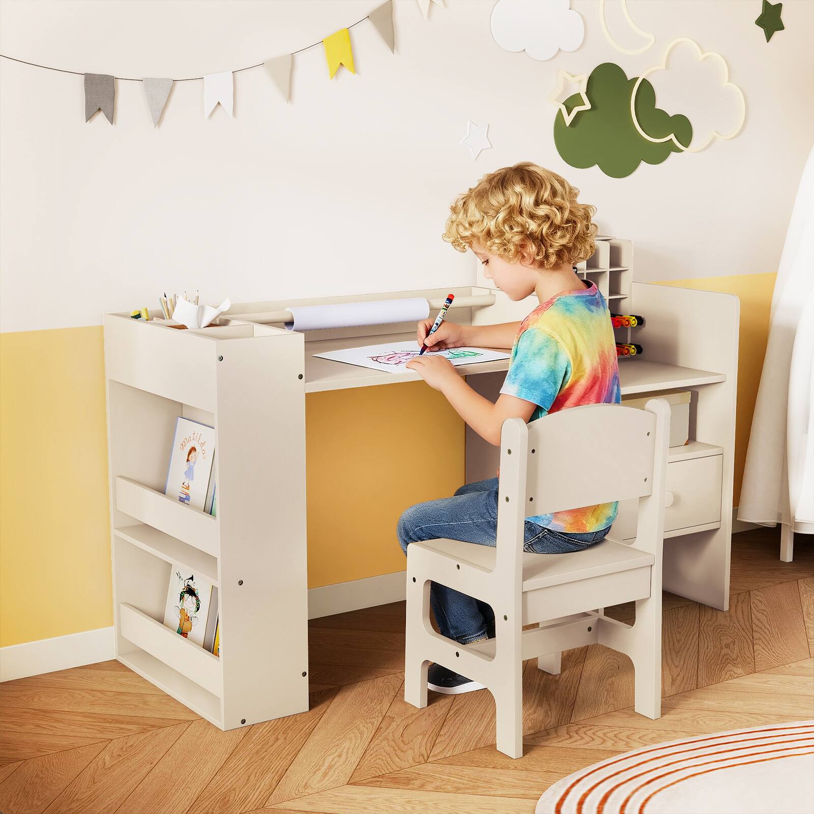 Alt View 1. Gymax - Gymax Kids Art Table & Chair Set w/Detachable Paper Roll Holder & Cubby Cabinet Drawer Natural - Natural.