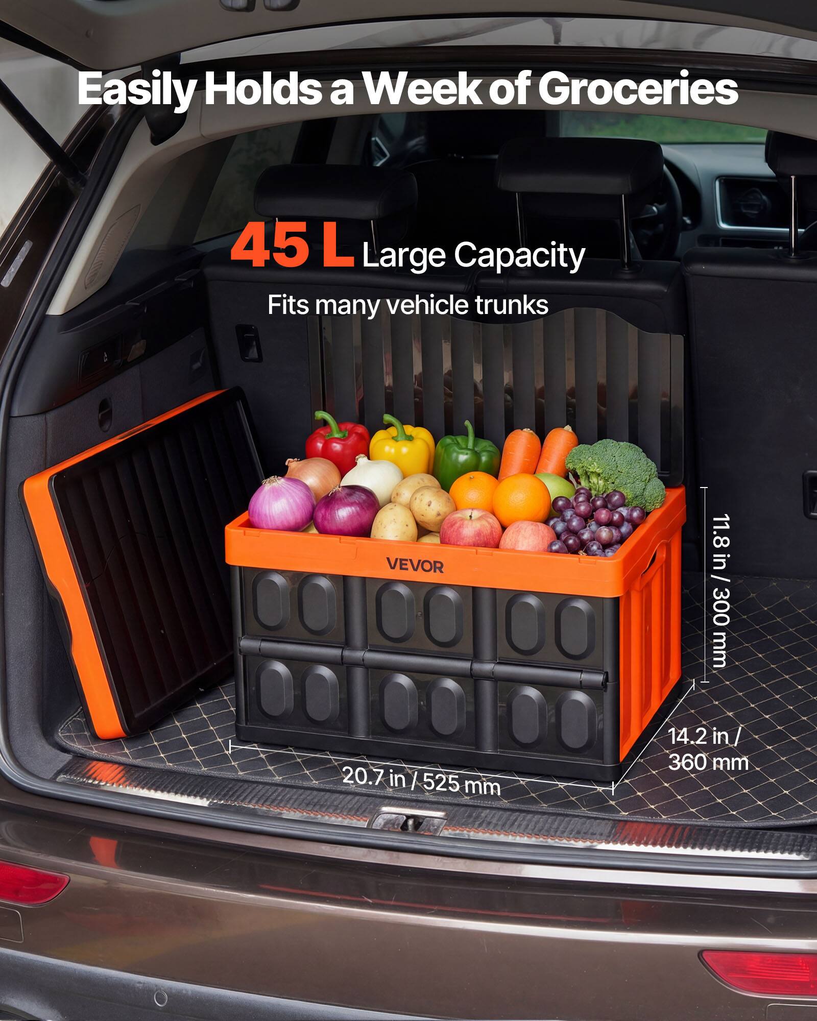 Easily Holds a Week of Groceries  
45 L Large Capacity  
Fits many vehicle trunks  

11.8 in / 300 mm  
20.7 in / 525 mm  
14.2 in / 360 mm