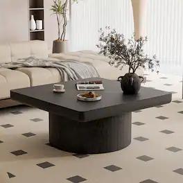 Loheer - 34.6 Inch Square Coffee Table Modern Wood Veneer Center Table with Parquet Pattern and Cylindrical Base - Black