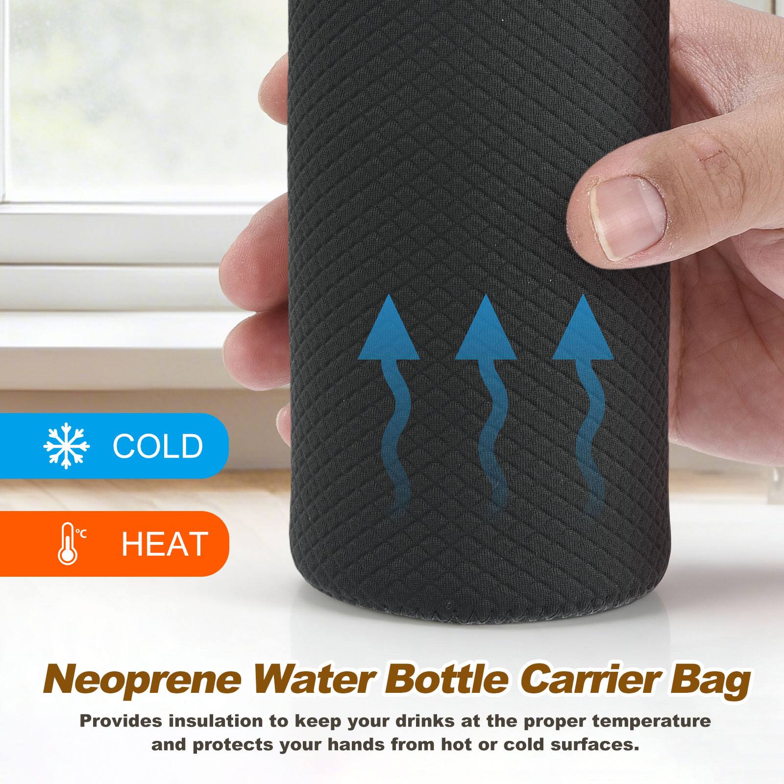 COLD "C
HEAT
Neoprene Water Bottle Carrier Bag
Provides insulation to keep your drinks at the proper temperature and protects your hands from hot or cold surfaces.