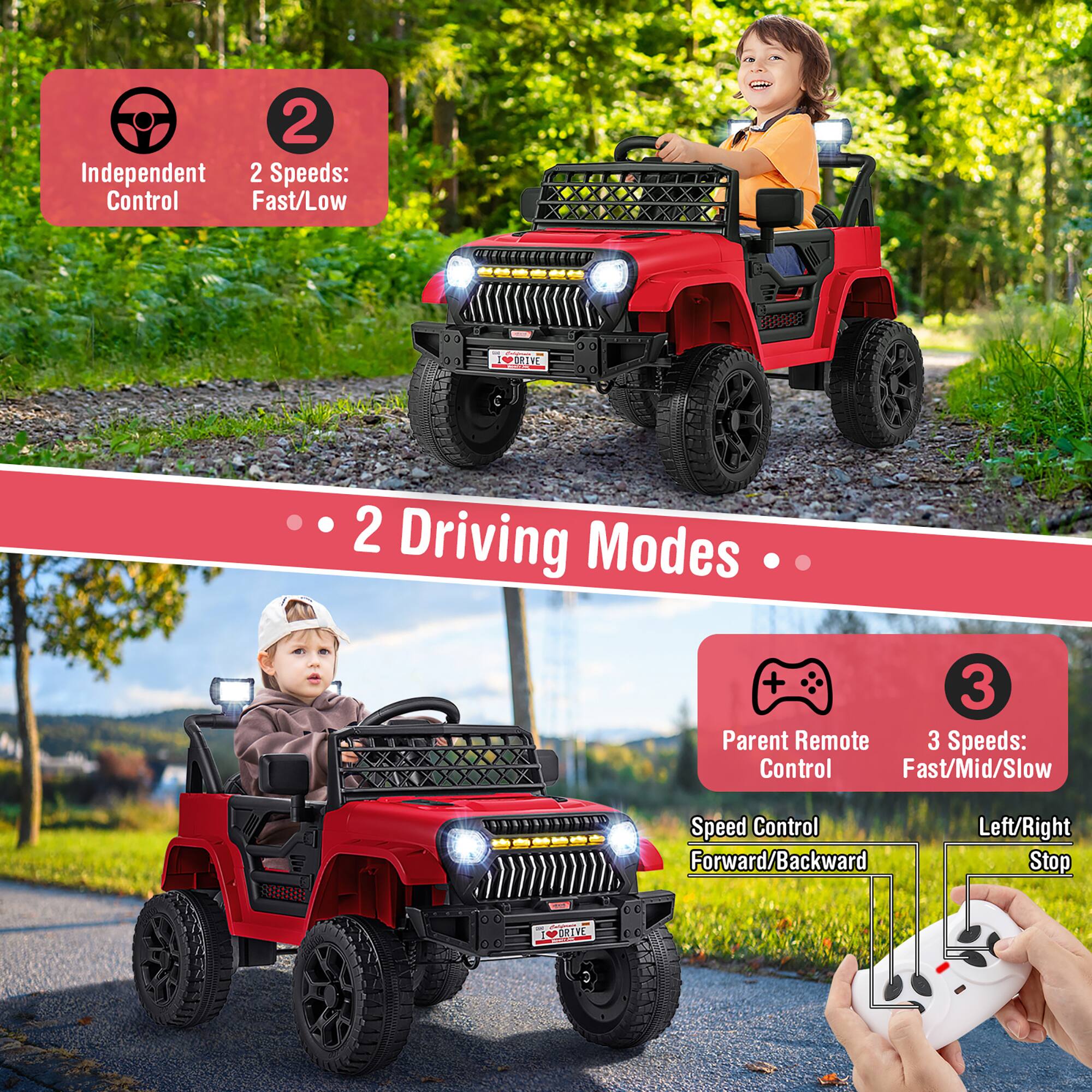 2 Independent Control  
2 Speeds: Fast/Low  

2 Driving Modes  

Parent Remote Control  
3 Speeds: Fast/Mid/Slow  

Speed Control Forward/Backward  
Left/Right Stop