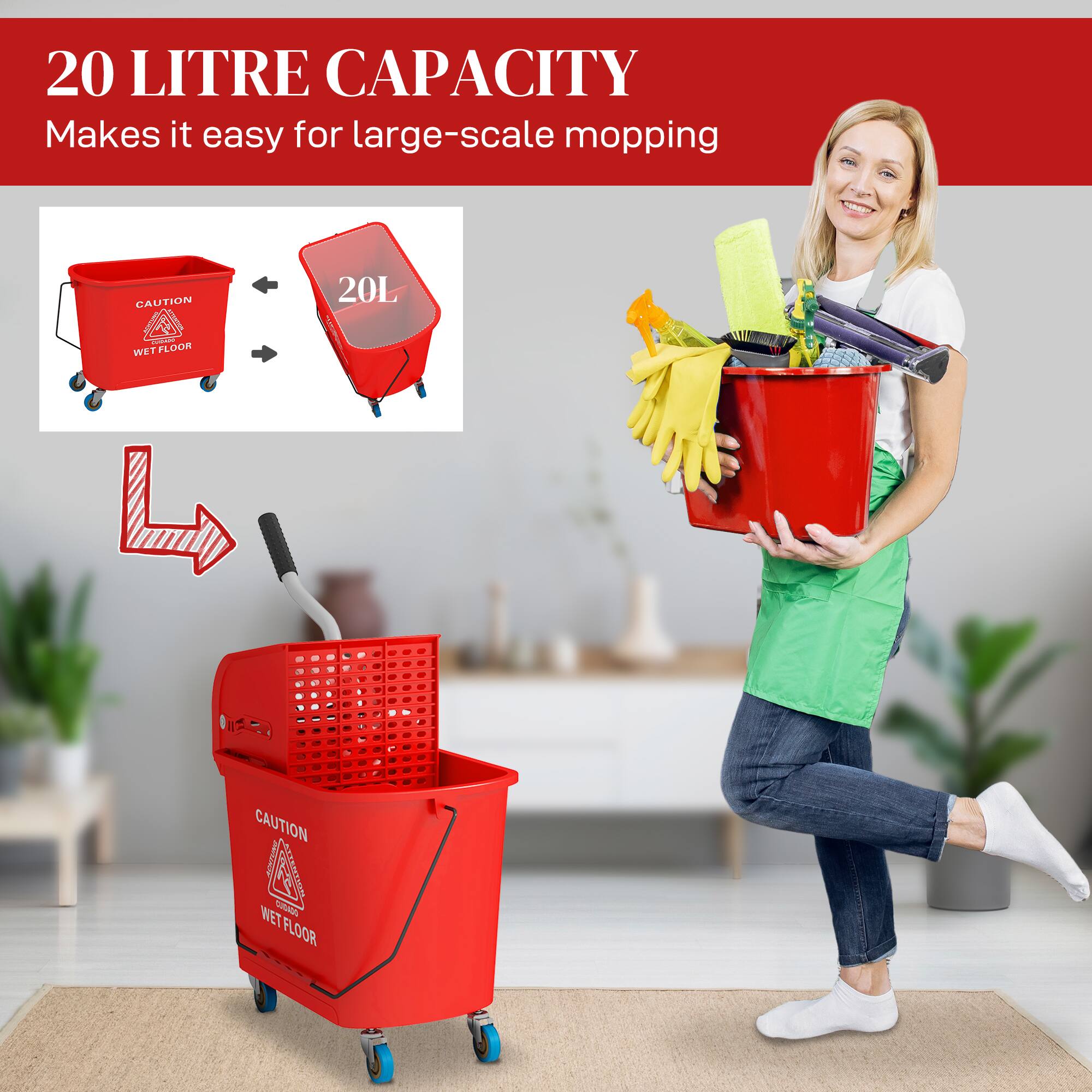 20 LITRE CAPACITY, Makes it easy for large-scale mopping, CAUTION WET FLOOR, 20L, CAUTION WET FLOOR