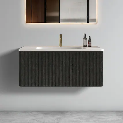 Front. ELEMENT ACE - Modern Floating Bathroom Vanity with Integrated Ceramic Sink and Spacious Storage - Black.