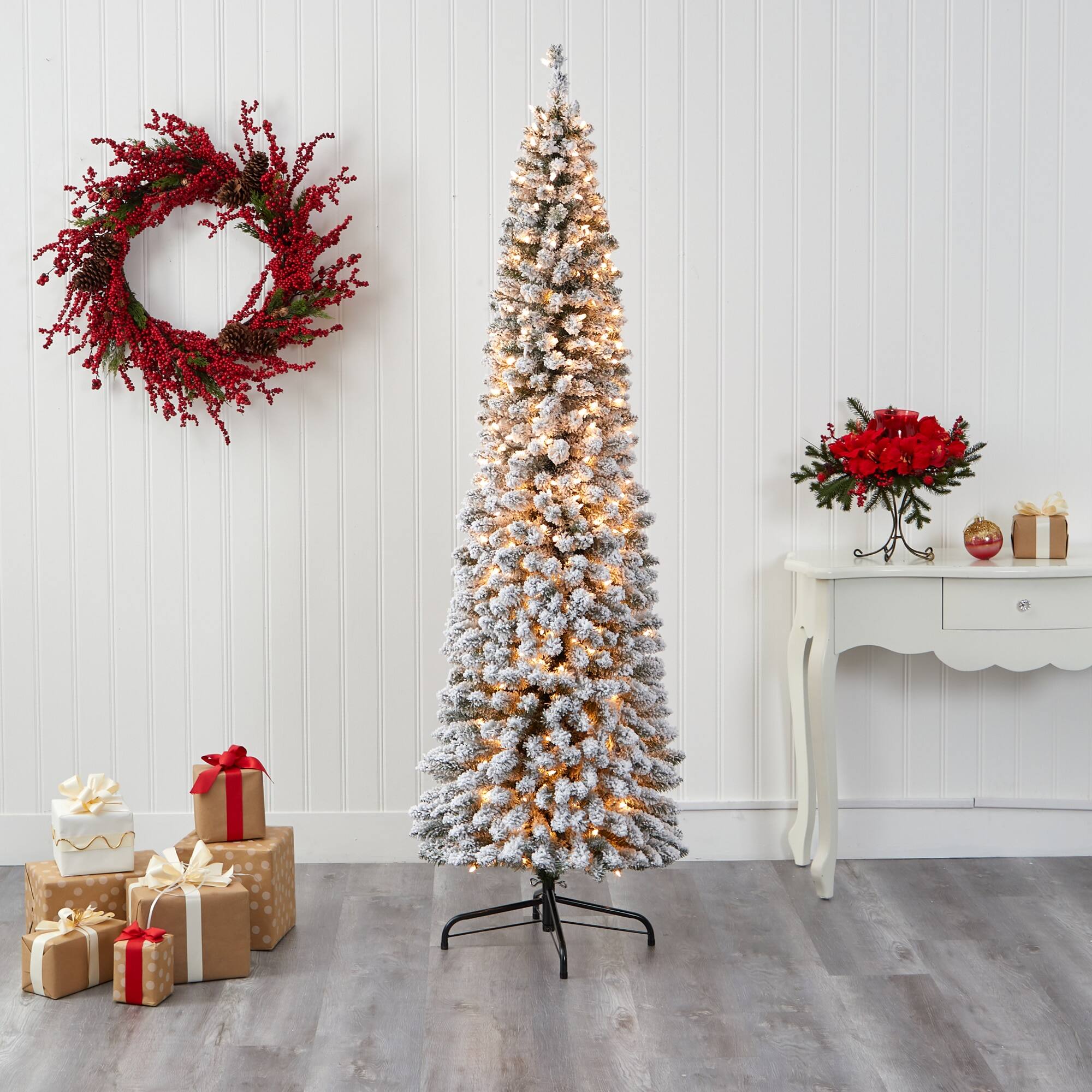 Front. BreeBe - 7’ Flocked Pencil Christmas Tree w/400 Lights & 574 Tips - White, Green.
