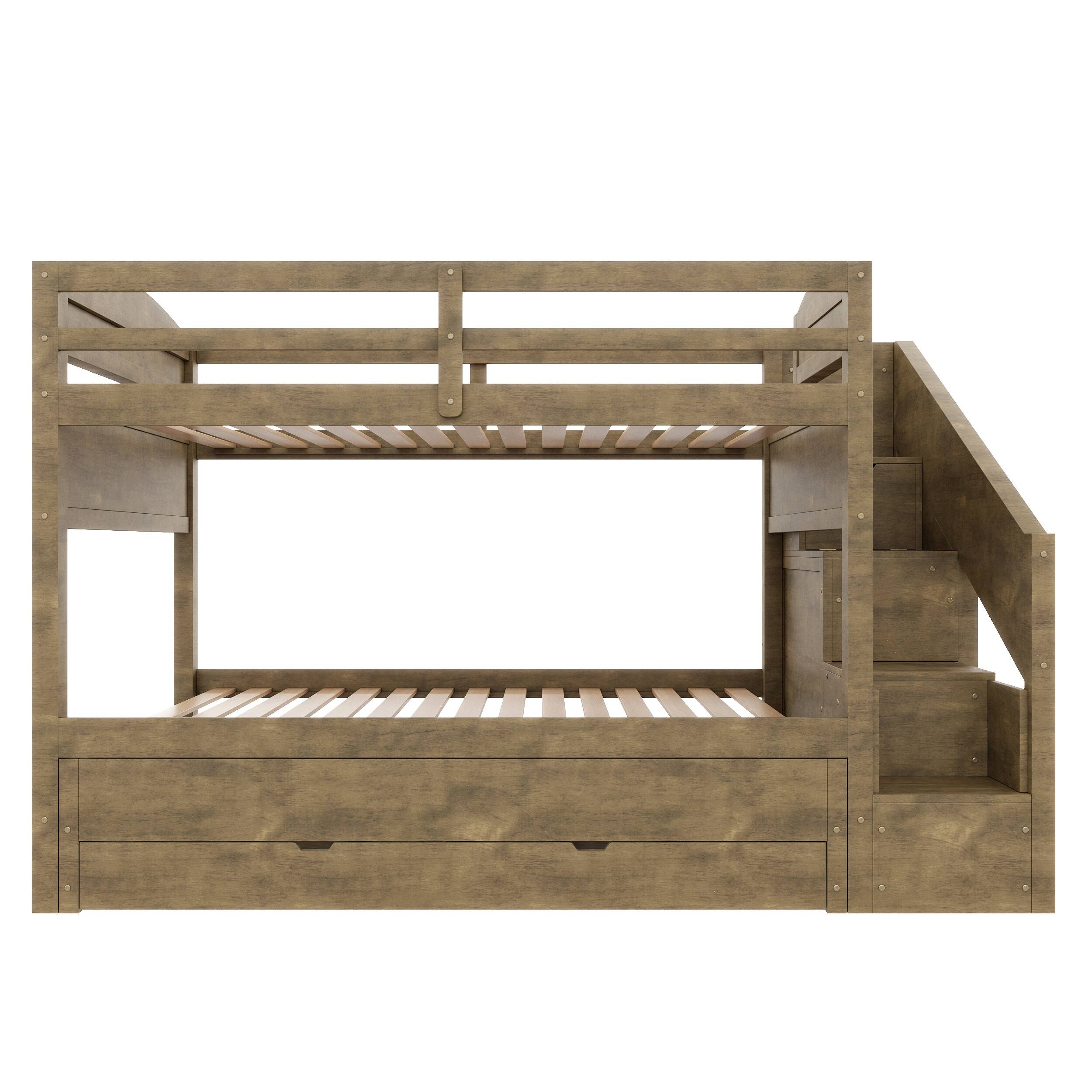 Angle. Whisen - Twin XL over Twin XL Bunk Bed with Trundle, Storage Staircase, Wardrobe and 3 Drawers - Walnut.
