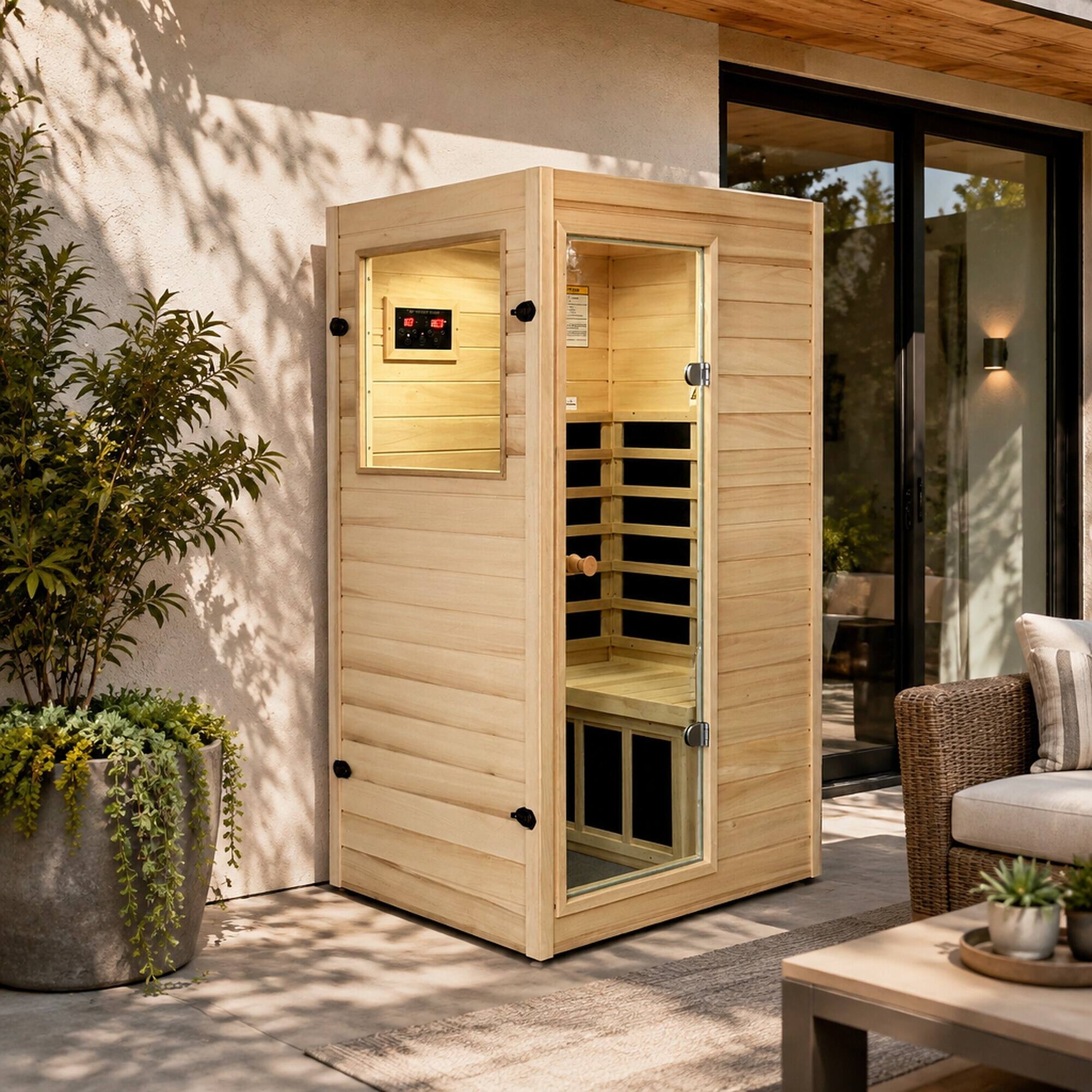 Left. RYHNUYNE - Far Infrared Sauna Room, European Aspen Wood, 5 Heating Panels, 905W, Digital Display, Bluetooth Speaker, Home Spa - Natural Wood.