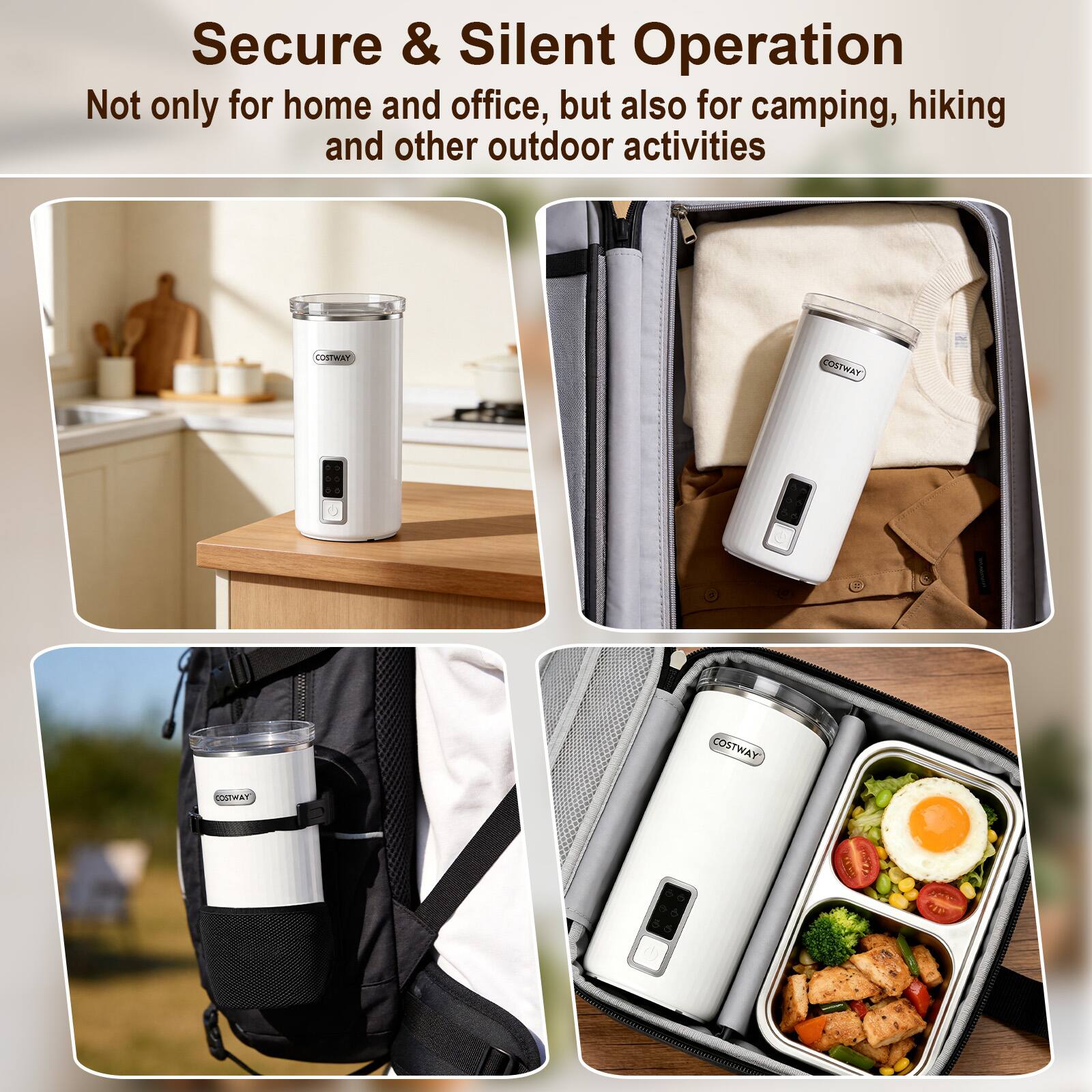 Secure & Silent Operation  
Not only for home and office, but also for camping, hiking and other outdoor activities  

COSTWAY