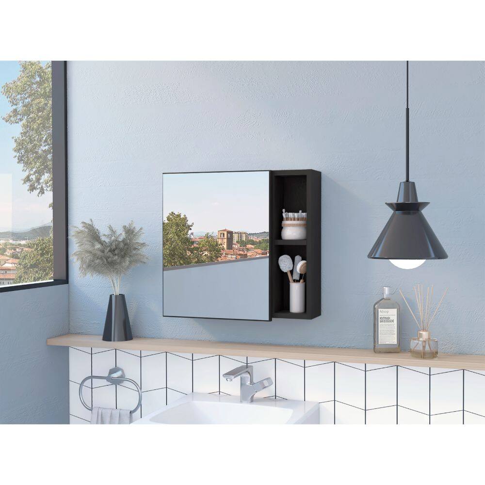 Angle. TuHome - Oman Medicine Cabinet, Three Internal Shelves, Single Door, Two External Shelves - Black.