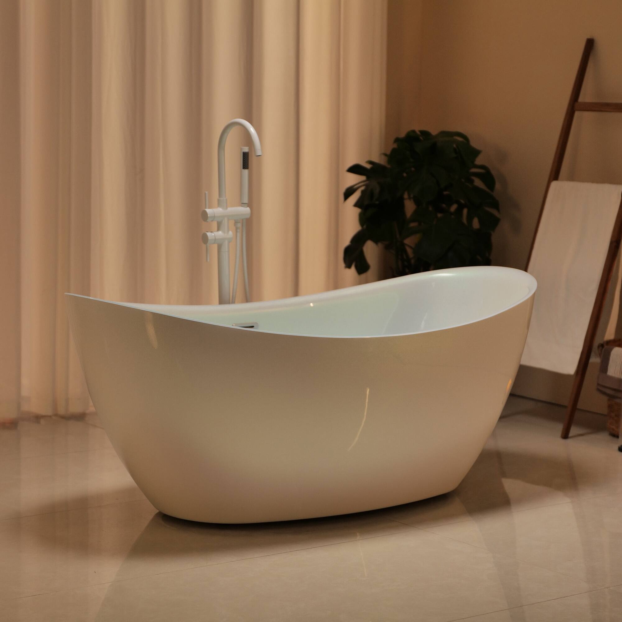 Angle. Empava - Artistic Style 67 in. x 30.7 in. Acrylic Center Drain Freestanding Flat Bottom Bath Oval Soaking Bathtub in Pearl White - White.