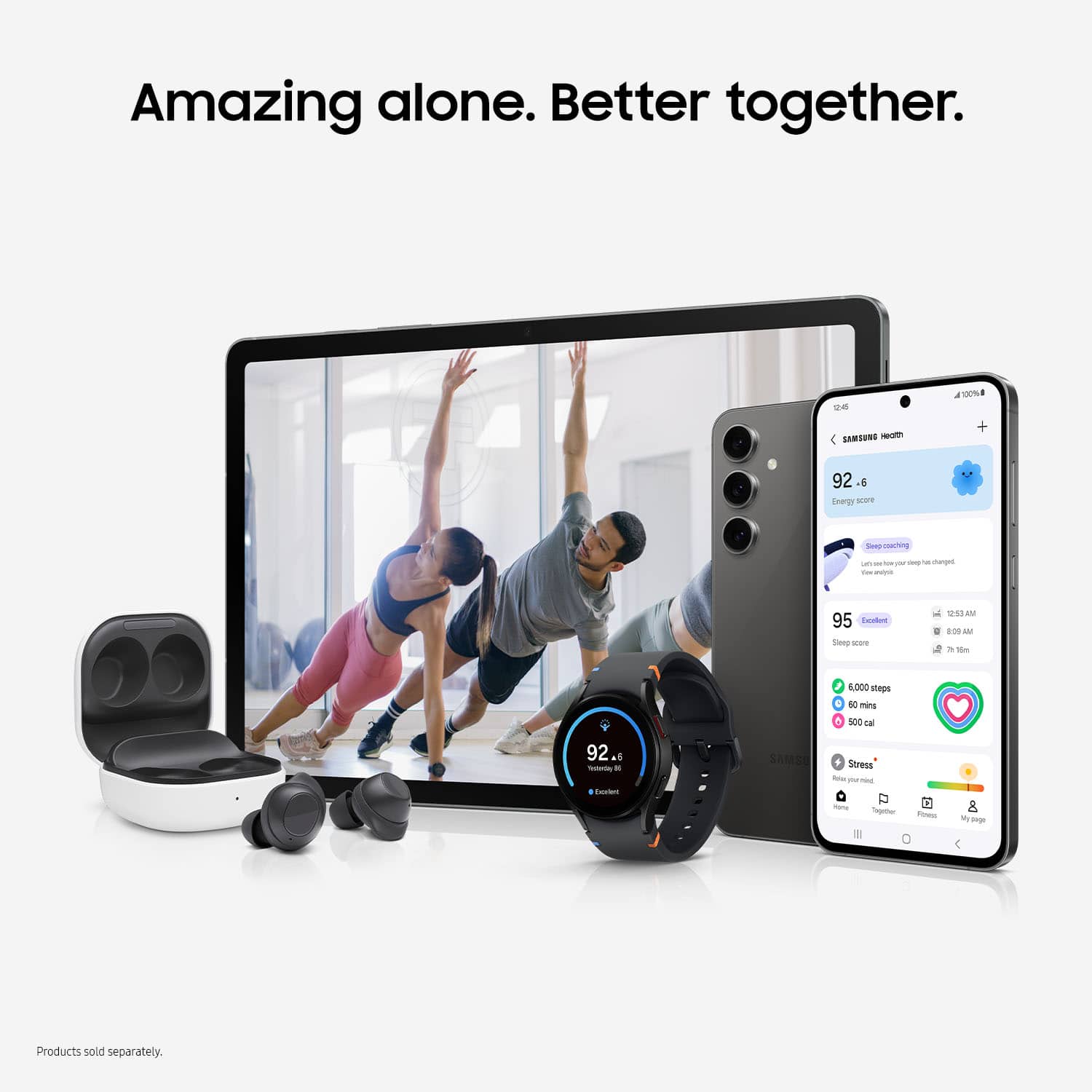 Amazing alone. Better together. E . O0% L SAMSUNG Heom + 92 Energy share - - - - - - - sorom - - 95 turator Sienp -o AN . - in sm J 1,000 sheps 0 de mina A SoC d 92 al I - - SAMSI Stress - - -a Cgrtter . Fe & n p Products sold separately.