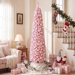 Gymax - 7 FT Artificial Fir Xmas Tree w/523 Full Branch Tips 190 Warm White LED Lights - Pink