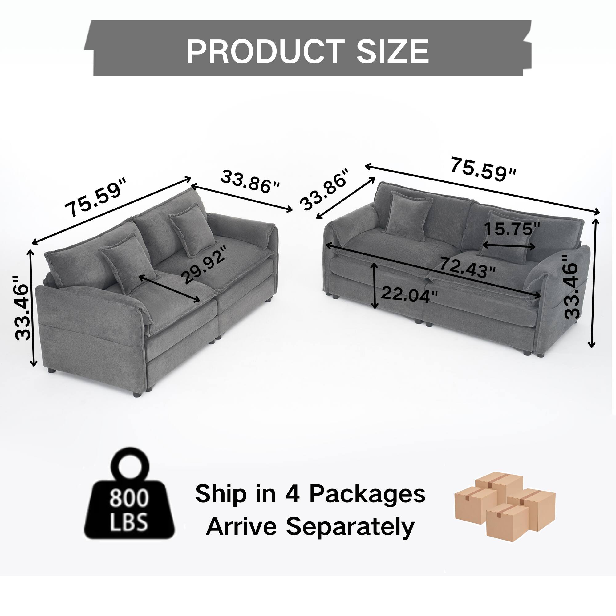 PRODUCT SIZE  
33.46" x 75.59" x 33.86" x 75.59" x 33.86" x 15.75" x 29.92" x 72.43" x 22.04" x 33.46"  
800 LBS  
Ship in 4 Packages  
Arrive Separately