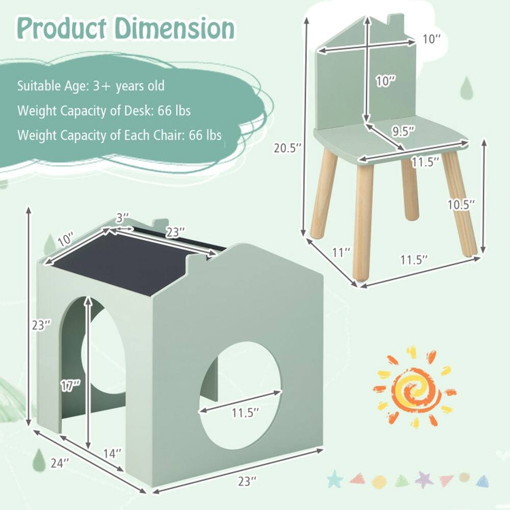 Product Dimension: 10"  
Suitable Age: 3 + years old  
Weight Capacity of Desk: 66 lbs  
Weight Capacity of Each Chair: 66 lbs  

Dimensions:  
- 20.5"  
- 10"  
- 9.5"  
- 11.5"  
- 10"  
- 3"  
- 23"  
- 11"  
- 11.5"  
- 10.5"  
- 23"  
- 17"  
- 11.5"  
- 24"  
- 14"  
- 23"