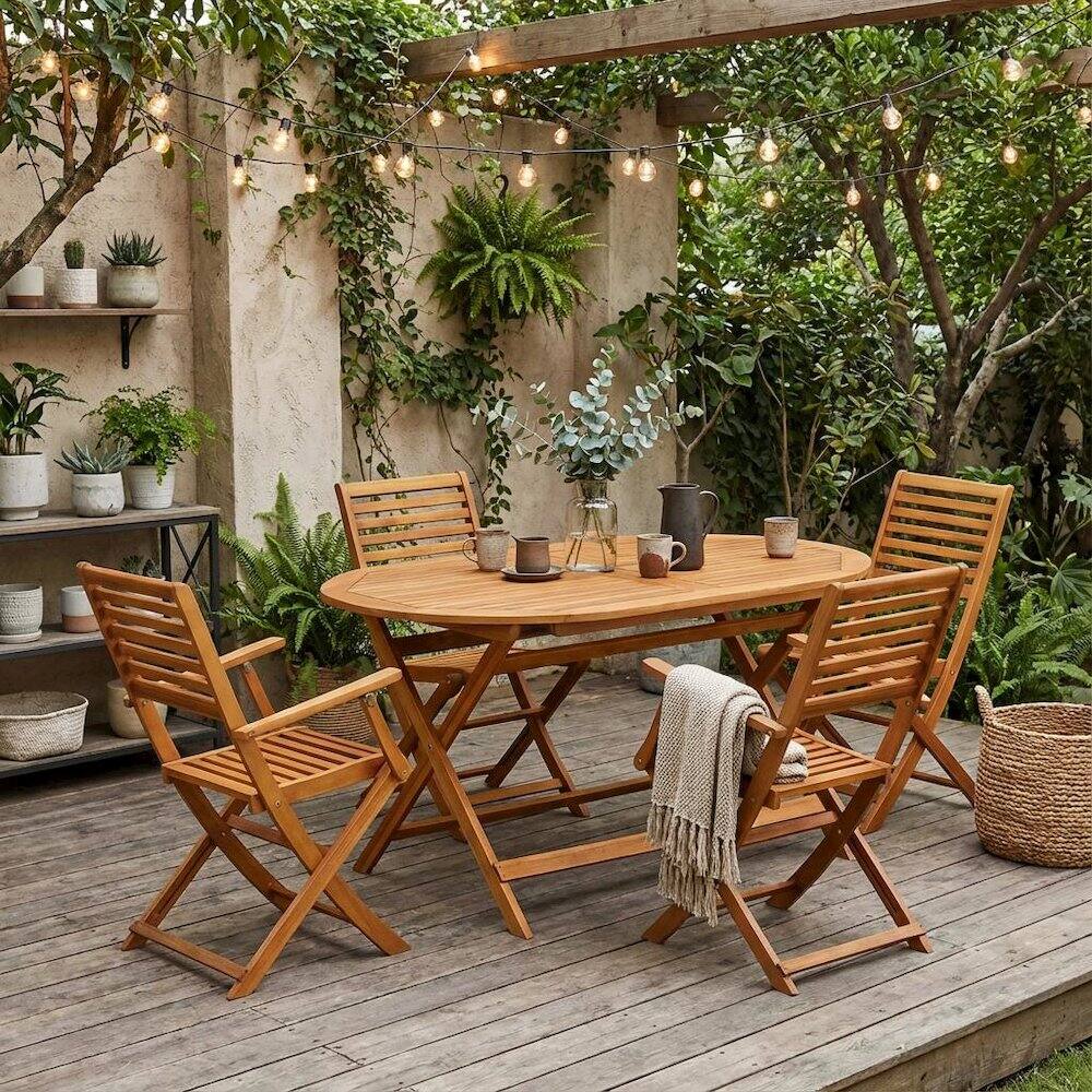 Alt View 3. Outdoor Escape - Wooden Patio Set, Oil-Finished with 5-Piece Outdoor Table and 4 Chairs - Brown.