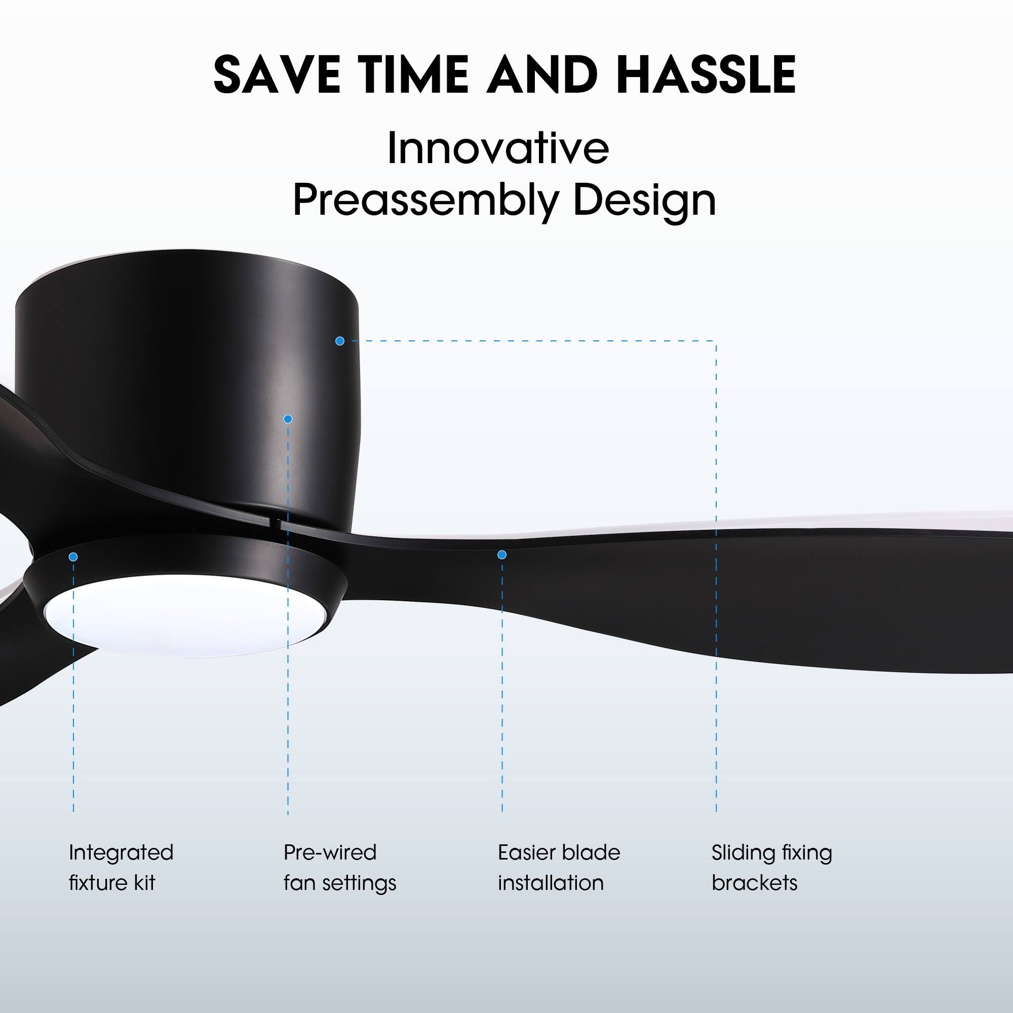 SAVE TIME AND HASSLE

Innovative Preassembly Design

- Integrated fixture kit
- Pre-wired fan settings
- Easier blade installation
- Sliding fixing brackets