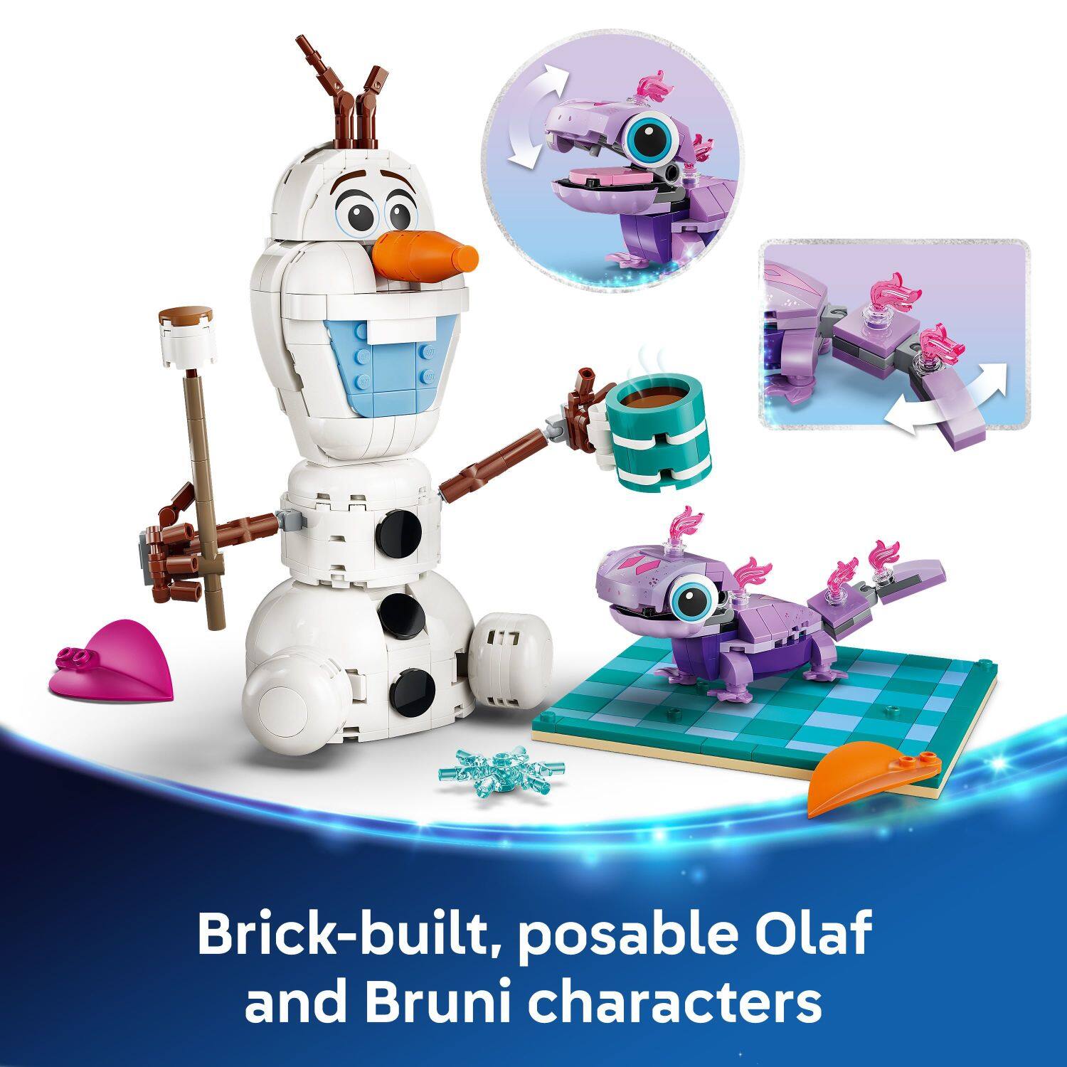Brick-built, posable Olaf and Bruni characters
