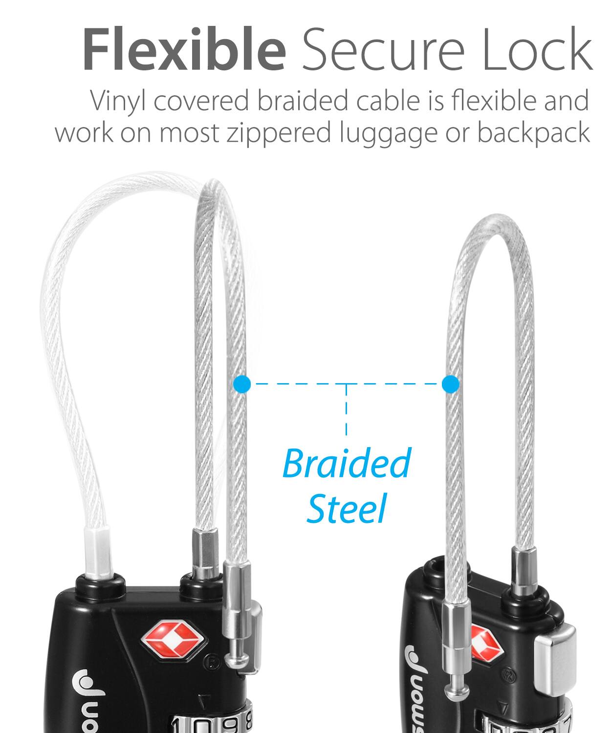 Flexible Secure Lock Vinyl covered braided cable is flexible and work on most zippered luggage or backpack Braided Steel uO 10198 smon I