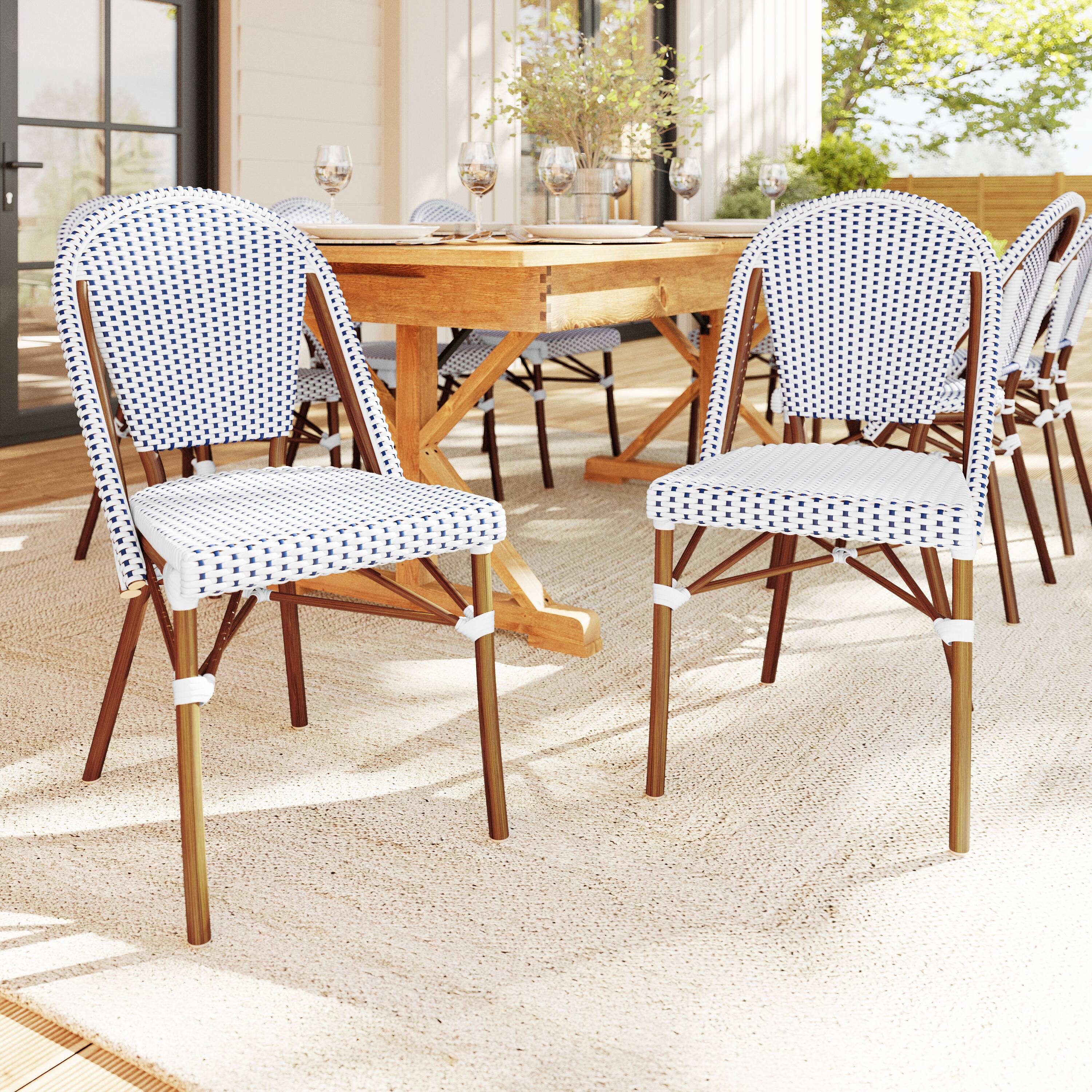 Alt View 1. Martha Stewart - Lily Pond 2PK All-Weather Stackable Patio Bistro Dining Chairs - Navy & White/Natural Frame.