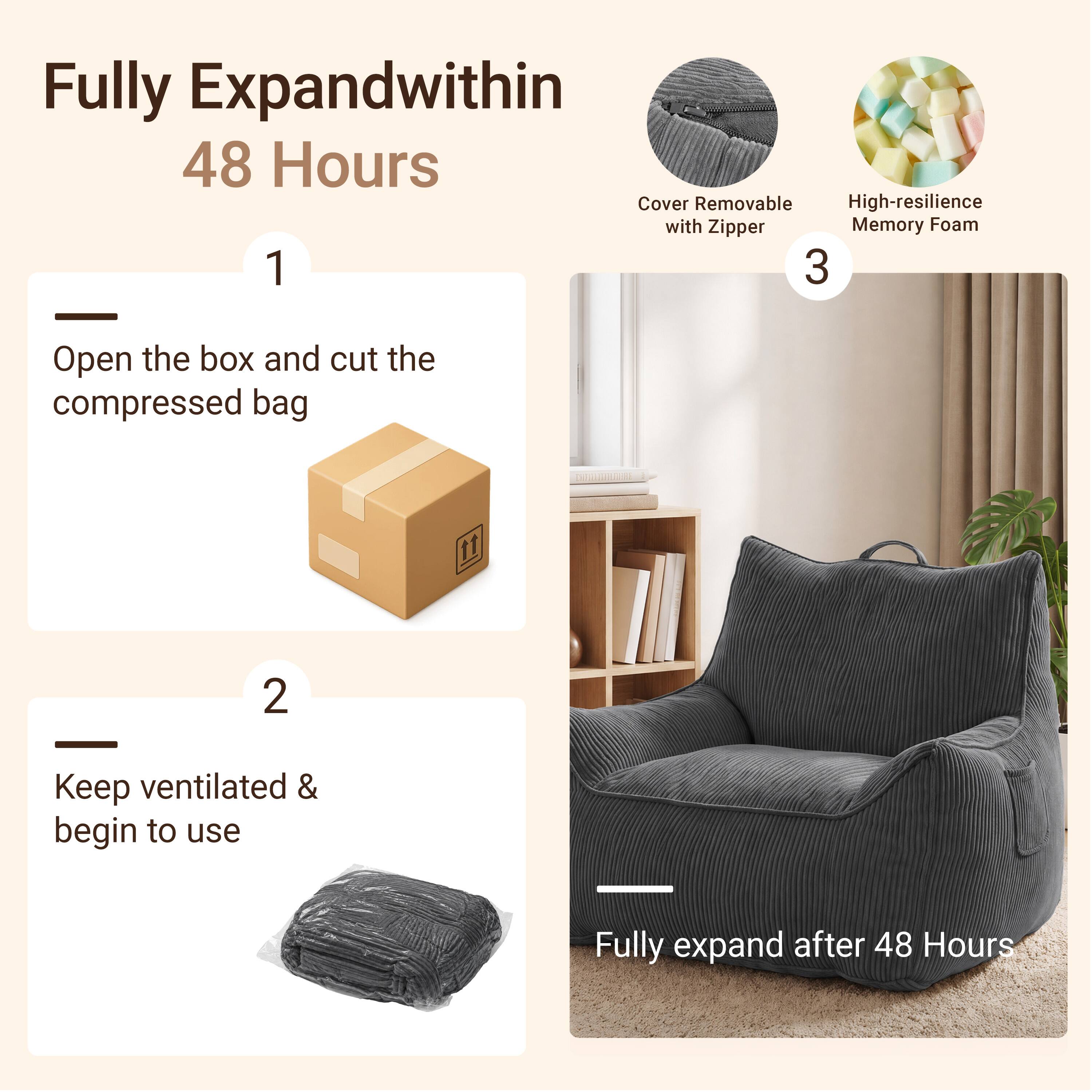 Fully Expand within 48 Hours

1. Open the box and cut the compressed bag

2. Keep ventilated & begin to use

3. Fully expand after 48 Hours

Cover Removable with Zipper

High-resilience Memory Foam