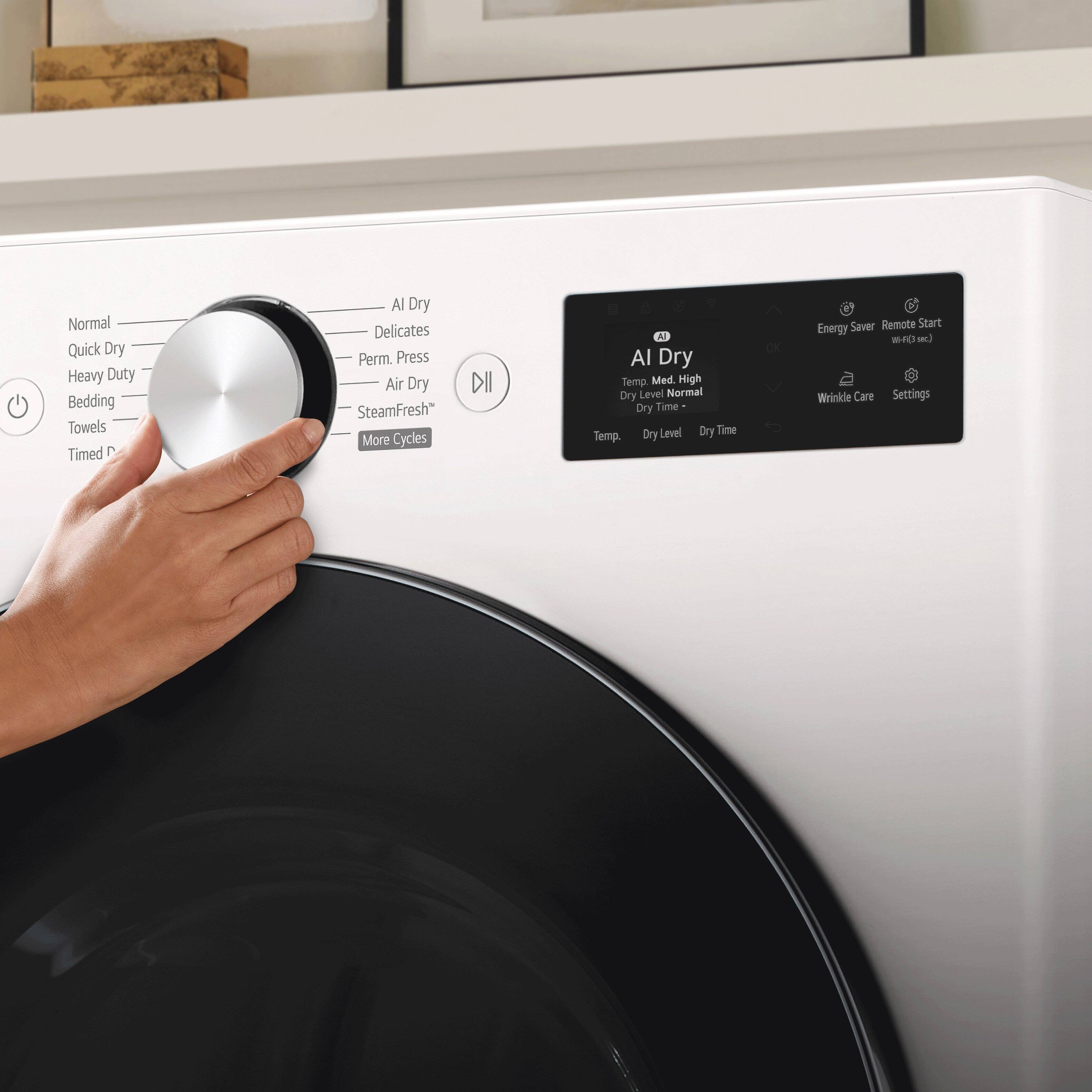 Normal
Quick Dry
Heavy Duty
Bedding
Towels
Timed Dry
AI Dry
Delicates
Perm. Press
Air Dry
SteamFresh*
More Cycles
AI Dry
Temp. Med, High
Dry Level Normal
Dry Time
Temp.
Dry Level
Dry Time
Energy Saver
Remote Start
Wrinkle Care
Settings
More Cycles
Energy Saver
Remote Start
Wrinkle Care
Settings