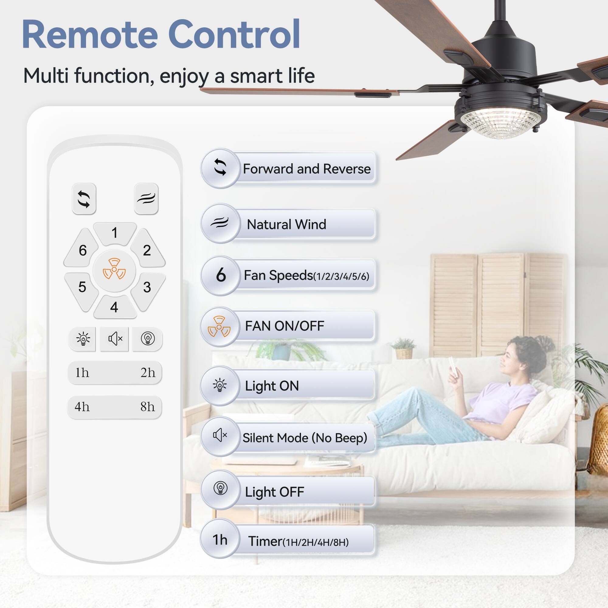 Remote Control
Multi function, enjoy a smart life
Forward and Reverse
6 5 1 4 2 3
Natural Wind
Fan Speeds(1/2/3/4/5/6)
FAN ON/OFF
1h 4h 2h 8h
Light ON
Silent Mode (No Beep)
Light OFF
1h
Timer(1H/2H/4H/8H)