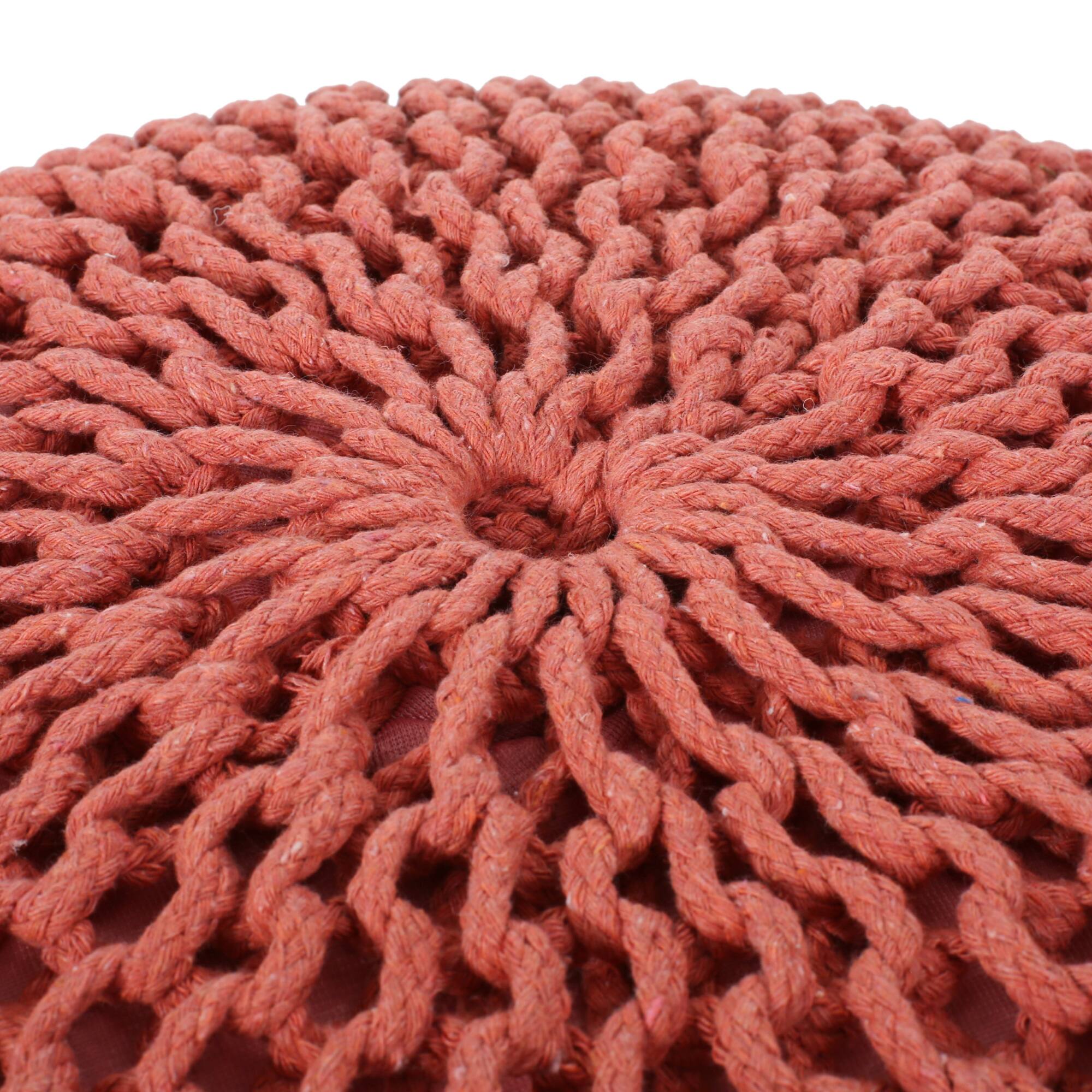 Left. GOODSILO - Stylish Knitted Cotton Round Pouf for Versatile Seating and Decor - Coral.