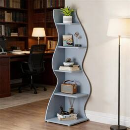 HTUTWOO - Wall Corner Bookcase - 5-Tier Wood Corner Shelf, 70.53" Tall, Display Storage Rack with Snap Setup for Small Spaces - Blue