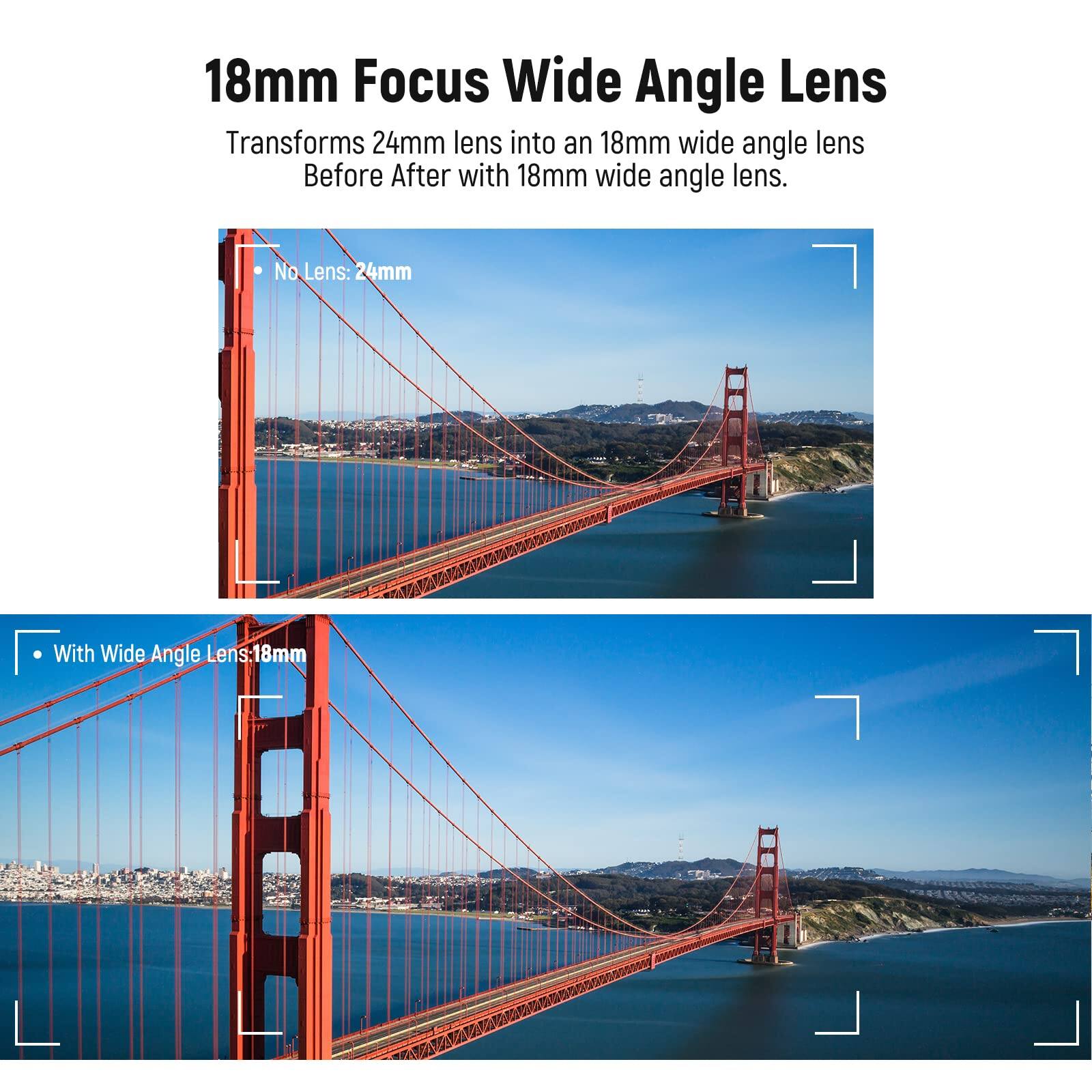18mm Focus Wide Angle Lens  
Transforms 24mm lens into an 18mm wide angle lens  
Before After with 18mm wide angle lens.  

No Lens: 24mm  
With Wide Angle Lens: 18mm