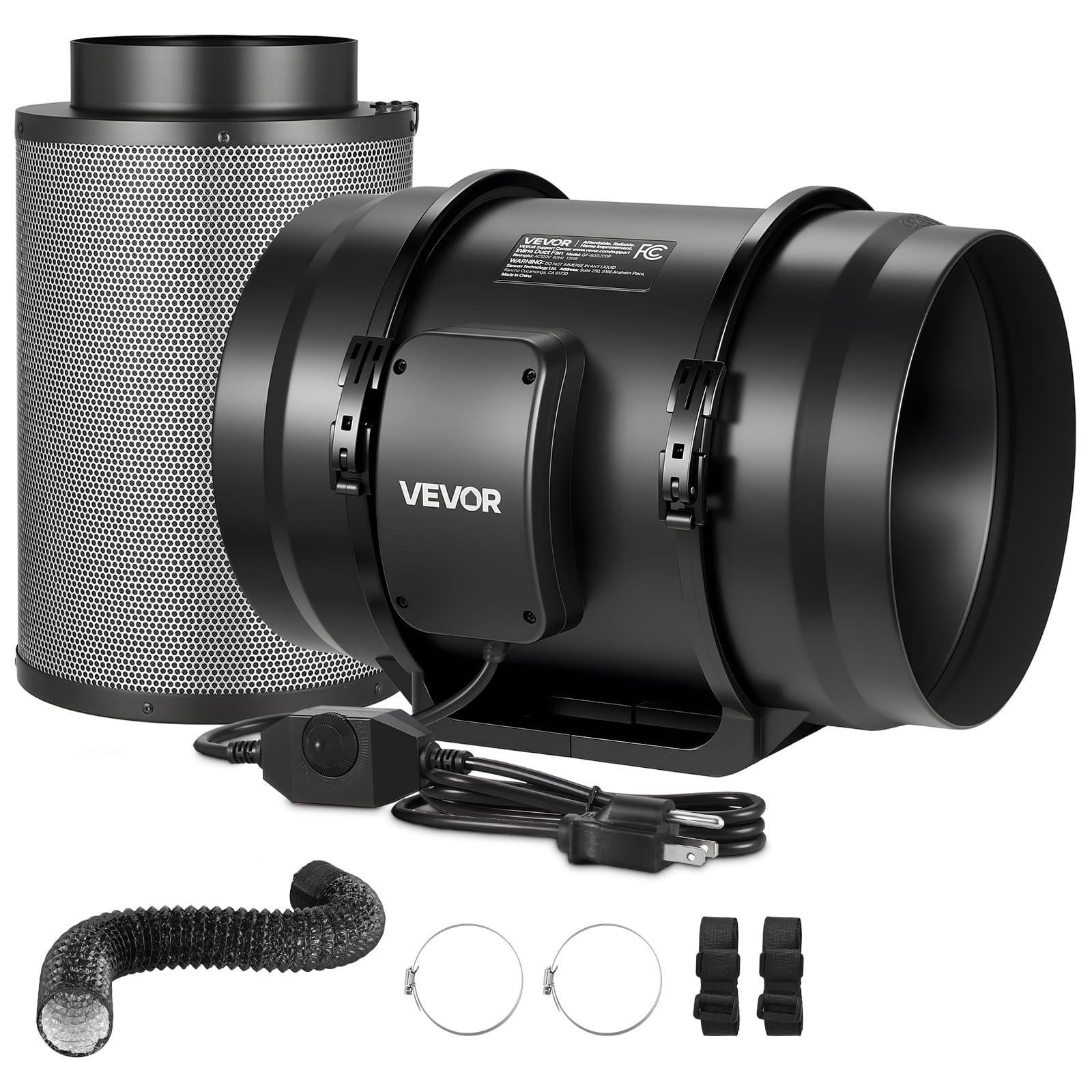 VEVOR - 8" Air Filtration Kit, 180 CFM Inline Duct Fan with Speed Controller, Carbon Filter & Ducting Ventilation System - Black Shell & Blades