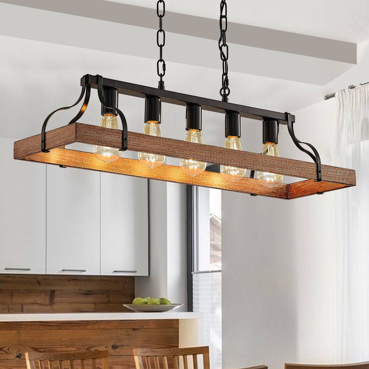 Left. Loheer - Loheer Modern Farmhouse Chandelier, 34-Inch Black Walnut Pendant Light with 5 E26 Sockets and Adjustable Chains.