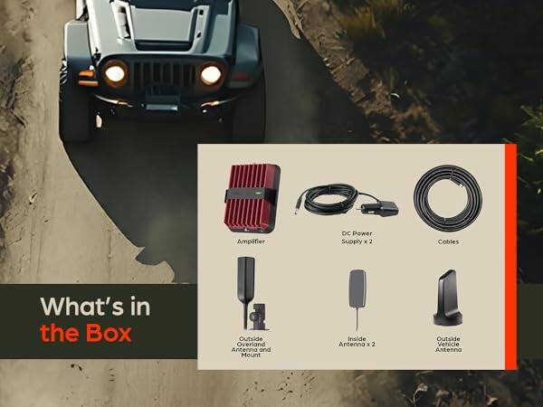 Amplifier  
DC Power Supply x 2  
Cables  

What's in the Box  

Outside Overland Antenna and Mount  
Inside Antenna x 2  
Outside Vehicle Antenna