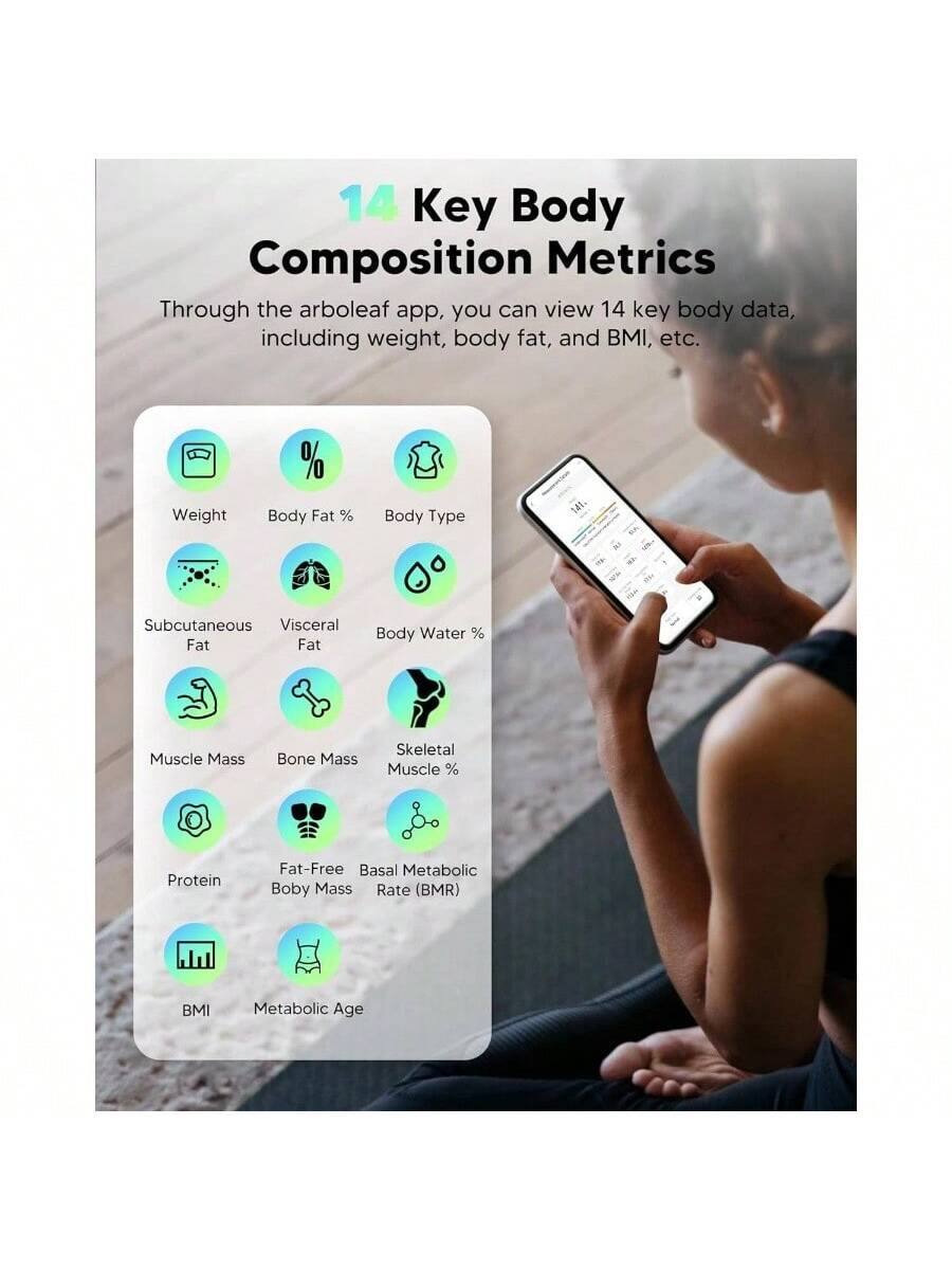 14 Key Body Composition Metrics

Through the arboleaf app, you can view 14 key body data, including weight, body fat, and BMI, etc.

- Weight
- Body Fat %
- Body Type
- Subcutaneous Fat
- Visceral Fat
- Body Water %
- Muscle Mass
- Bone Mass
- Skeletal Muscle %
- Protein
- Fat-Free Body Mass
- Basal Metabolic Rate (BMR)
- BMI
- Metabolic Age
