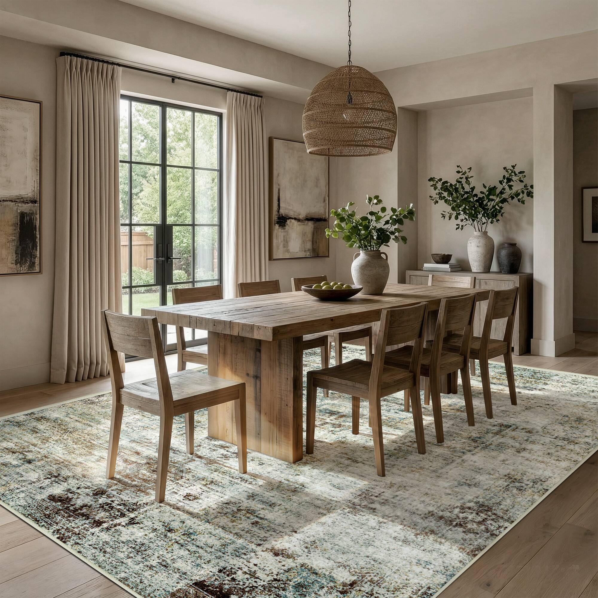 Alt View 2. KERDOM - Boho Vintage Large Area Rug 8x10 ft Machine Washable for Living Room, Bedroom & Dining Room, Non Slip Soft Low Pile Thin - Gray Brown.