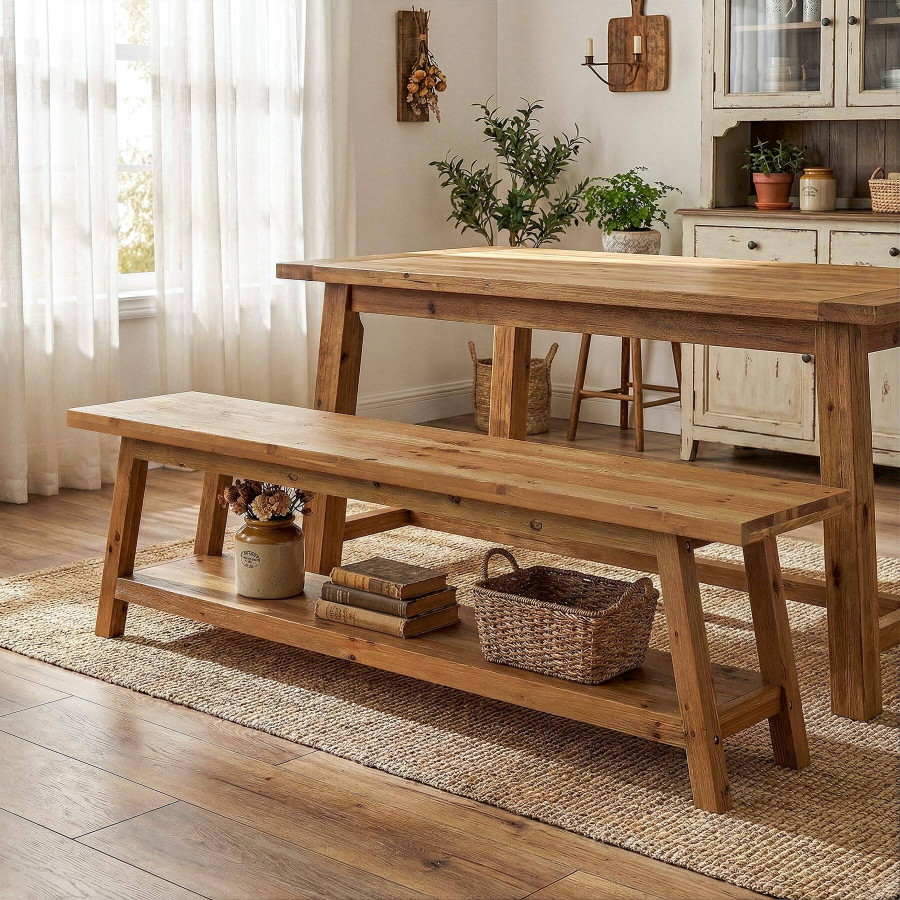 Left. Tribesigns - Solid Wood 63-inch Long Dining Bench with Storage Shelf, - Brown.