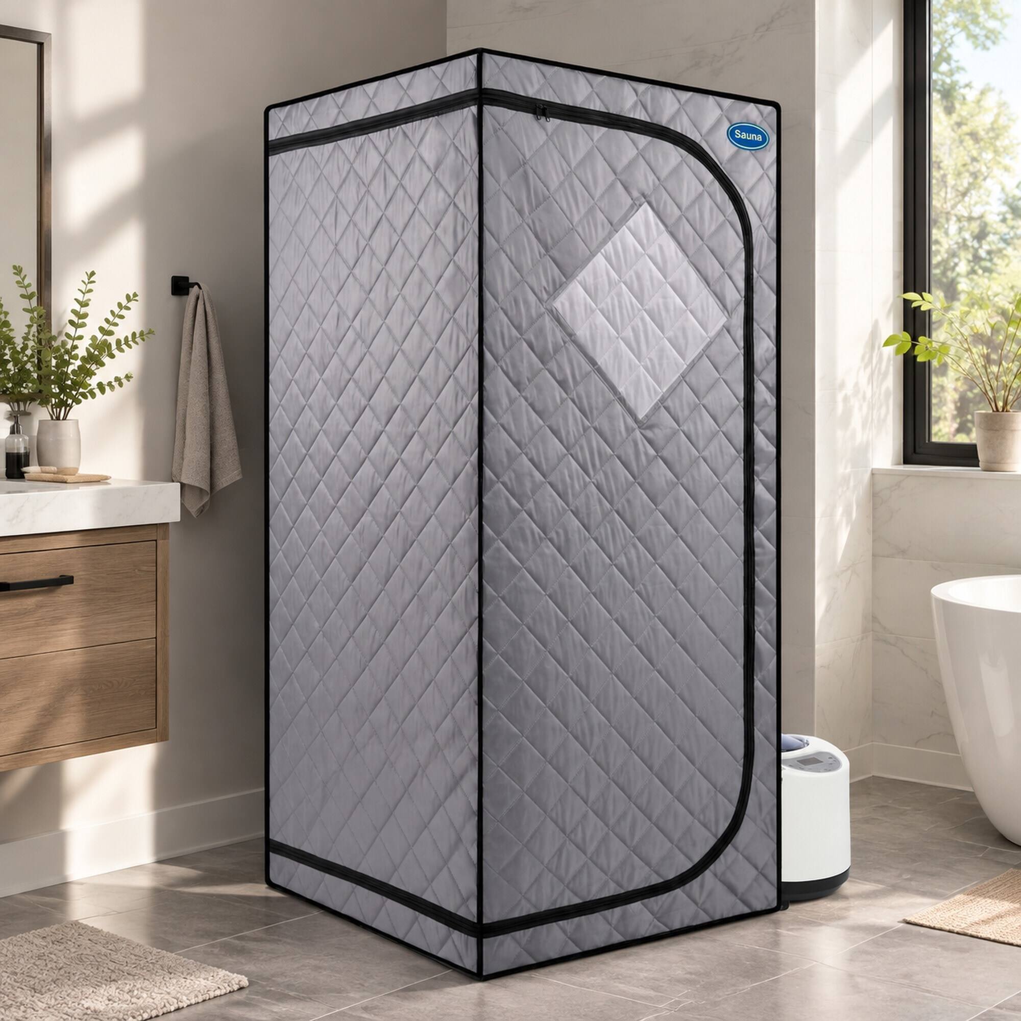 Back. RYHNUYNE - Full Size Portable Steam Sauna Tent, Grey, 29.1 x 29.1 x 66.5 in, 2.2 L Steam Generator, Remote Control, Foldable Chair - Grey.