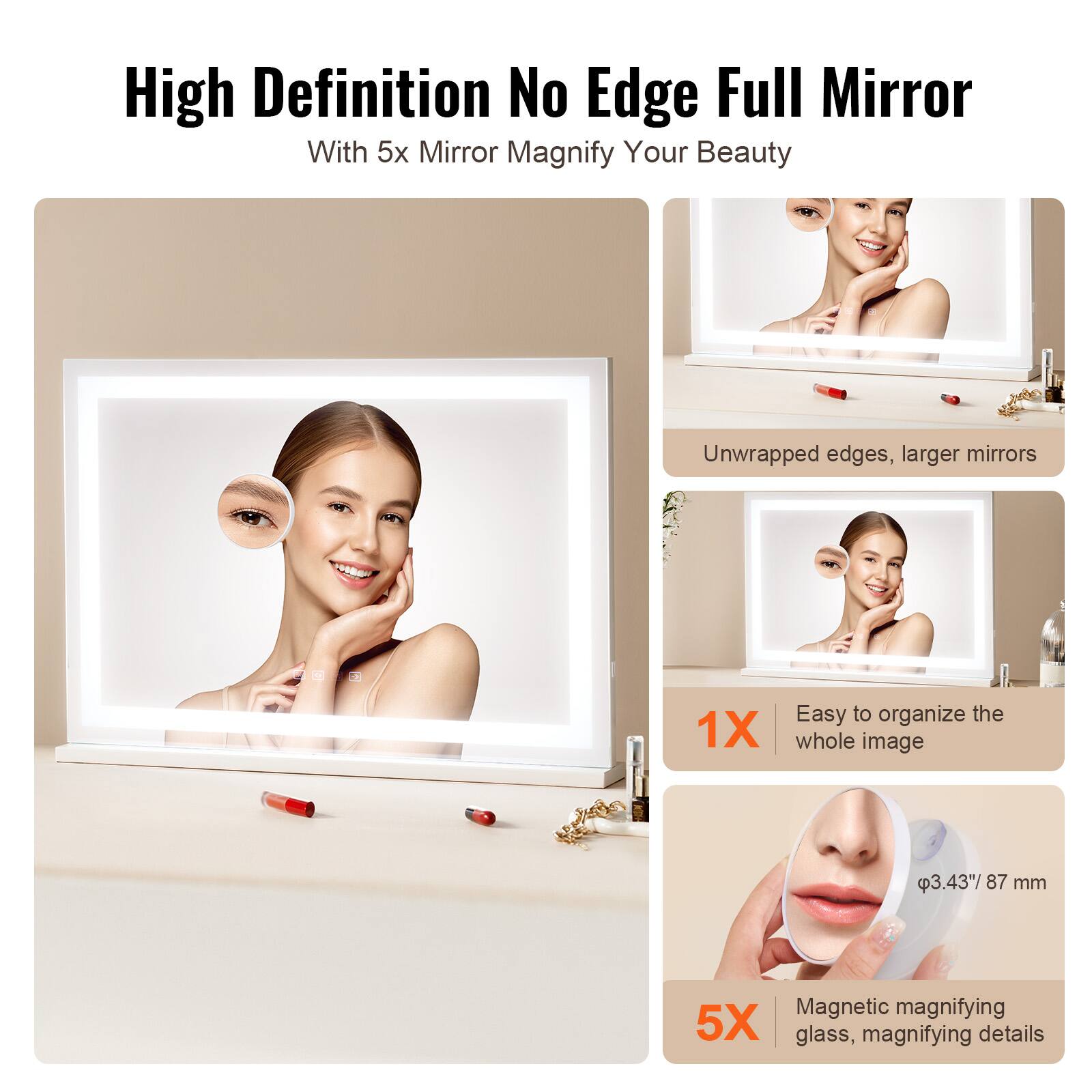 High Definition No Edge Full Mirror  
With 5x Mirror Magnify Your Beauty  

Unwrapped edges, larger mirrors  

1X  
Easy to organize the whole image  

5X  
Magnetic magnifying glass, magnifying details  

φ3.43" 87 mm