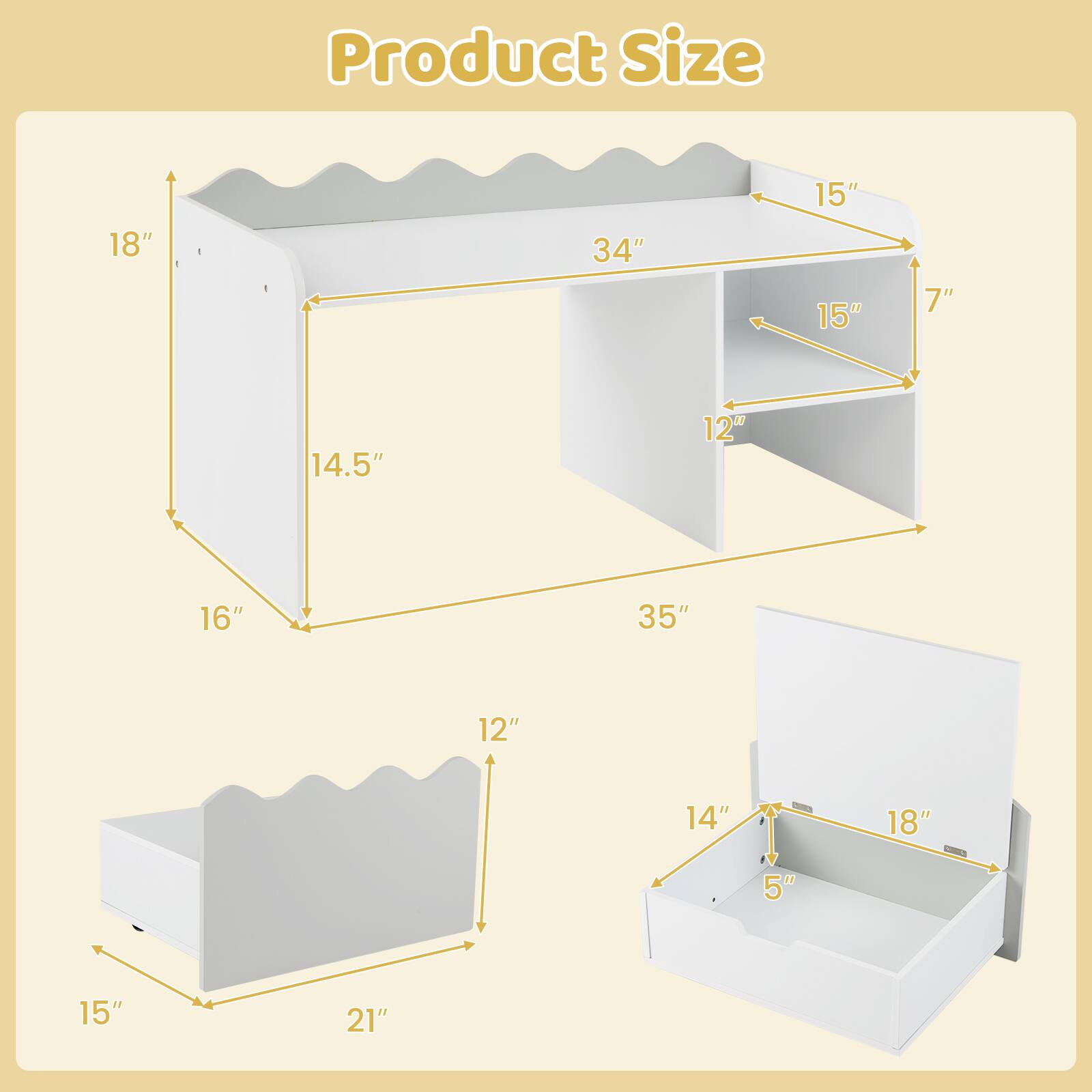 Product Size: 18" x 34" x 15" x 15" x 7" x 14.5" x 12" x 16" x 35" x 12" x 14" x 18" x 5" x 15" x 21"