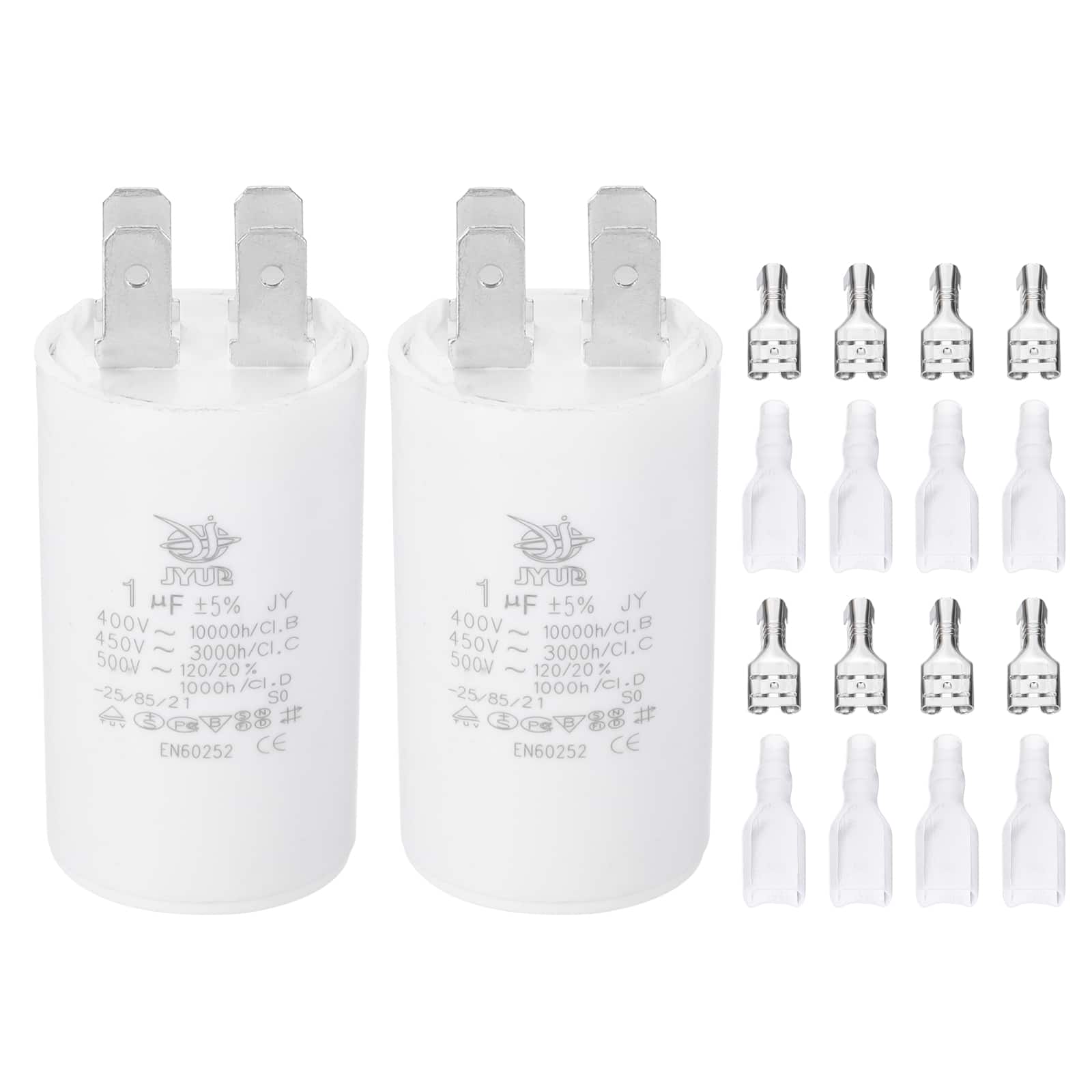 Unique Bargains - 2pcs 1uF CBB60 Run Capacitor, AC 450V 4 Pin Double Insert with Sheath Spring for Motor Start - White