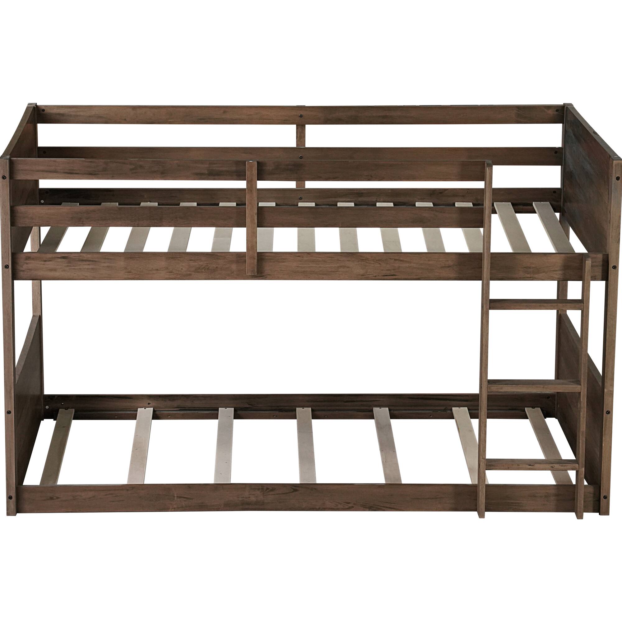 Angle. GOODSILO - Solid Wood Twin Over Twin Floor Bunk Bed with Panelled Headboard and Footboard, Built-in Ladder and Safety Guardrails - Antique Dark Oak.