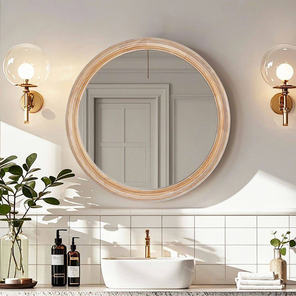Alt View 7. Kadyn - 27.5" Round Wooden Farmhouse Mirror with Whitewash Edge, Decorative Hanging Mirror for Bathroom/Bedroom, Antique Natural.