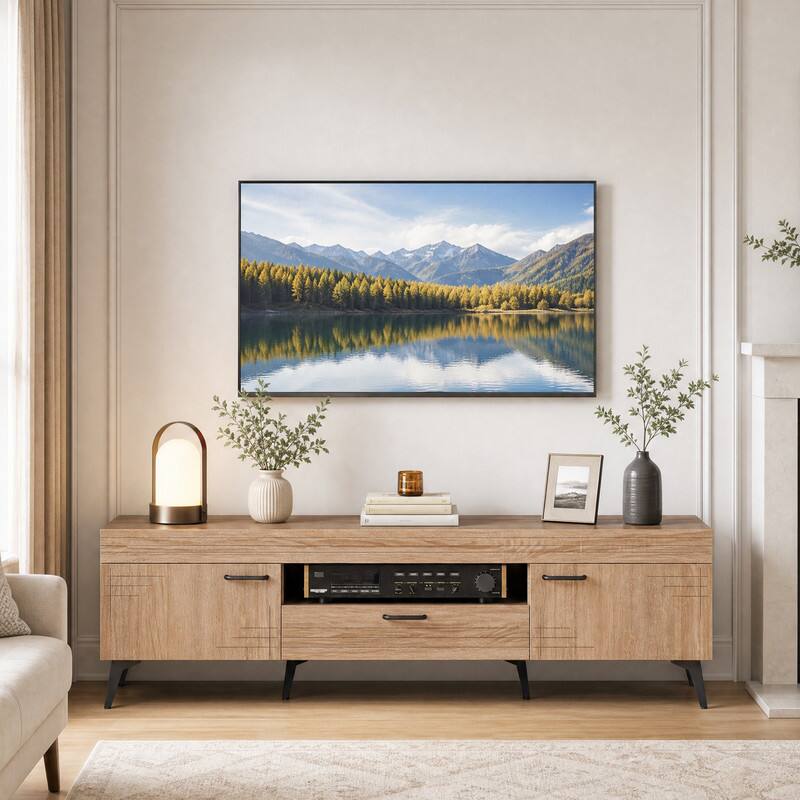 Angle. WELLFOR - Mid Century Modern TV Stand for TVs up to 65 Inch, Entertainment Center Media Console Table with 2 Cabinets and Drawer - Oak.