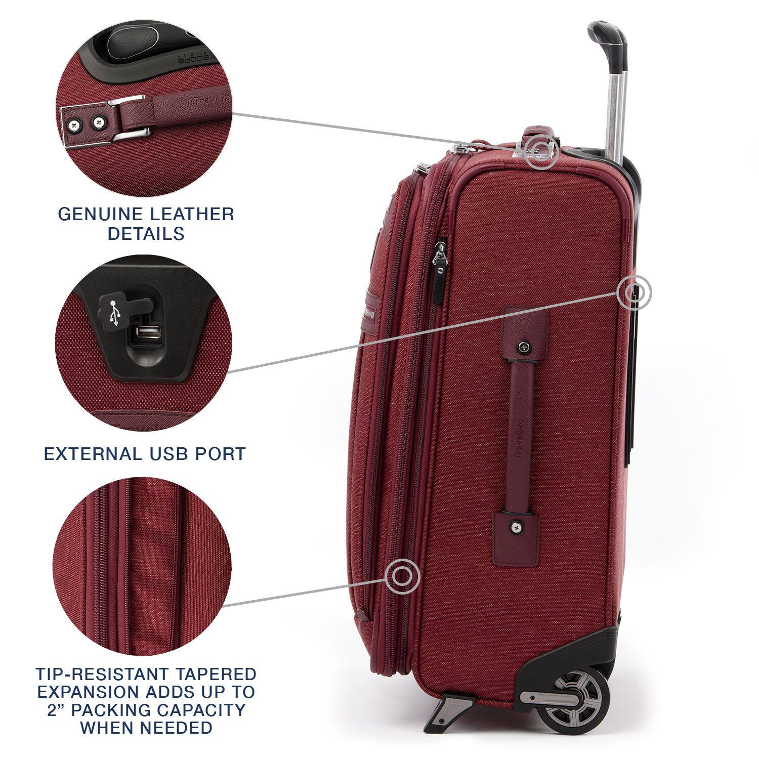 Acose Treteo

GENUINE LEATHER DETAILS

1m EXTERNAL USB PORT

Fravelpro

TIP-RESISTANT TAPERED EXPANSION ADDS UP TO 2" PACKING CAPACITY WHEN NEEDED